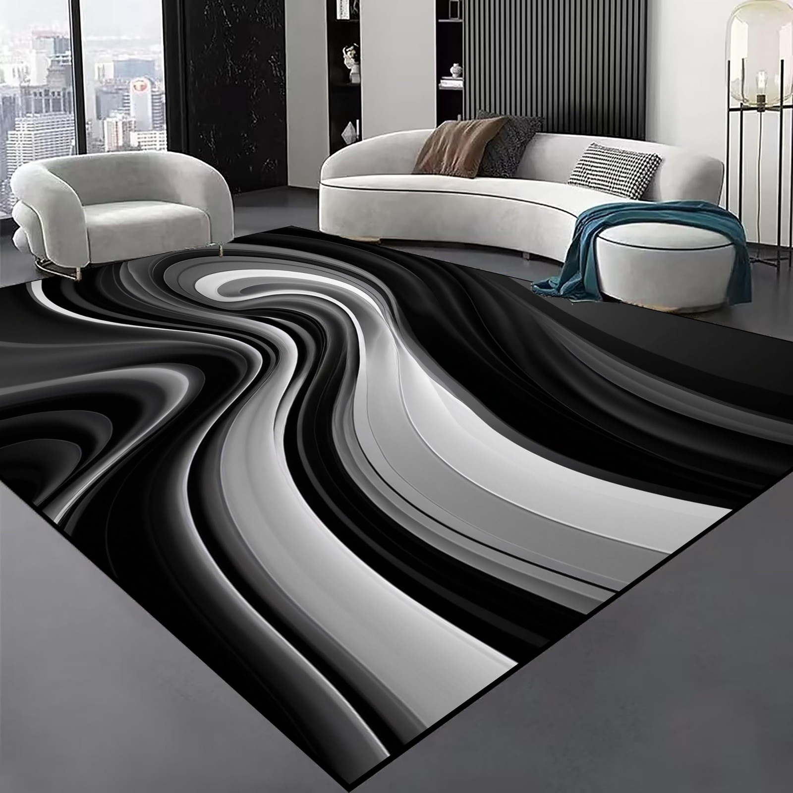 Modern Abstract Area Rug, 5x8ft Striking Black & White Wave Pattern Rugs for …