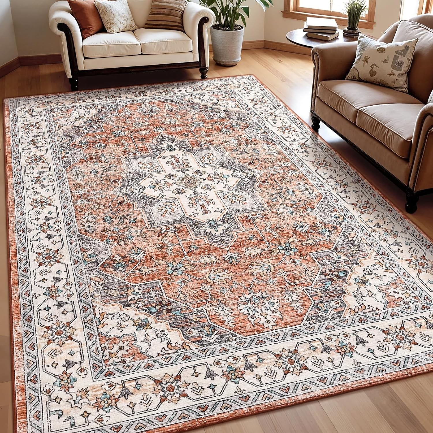 5’x7′ Vintage Floral Area Rug for Living Room, Soft Washable Low-Pile Carpet …