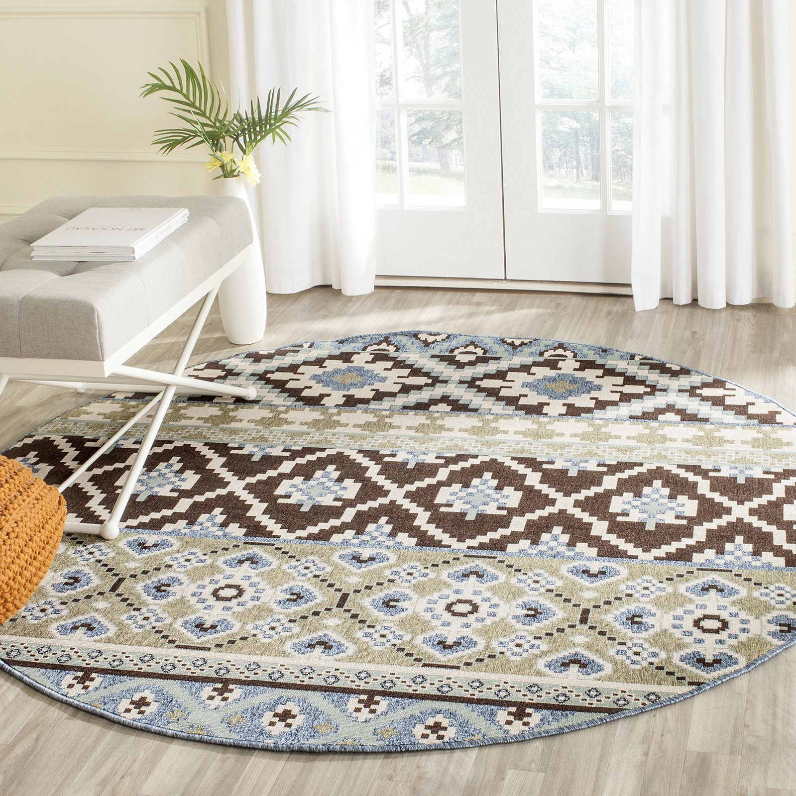 Washable Outdoor Rug 3′ Round Chocolate & Blue – Non-Shedding Easy to Clean