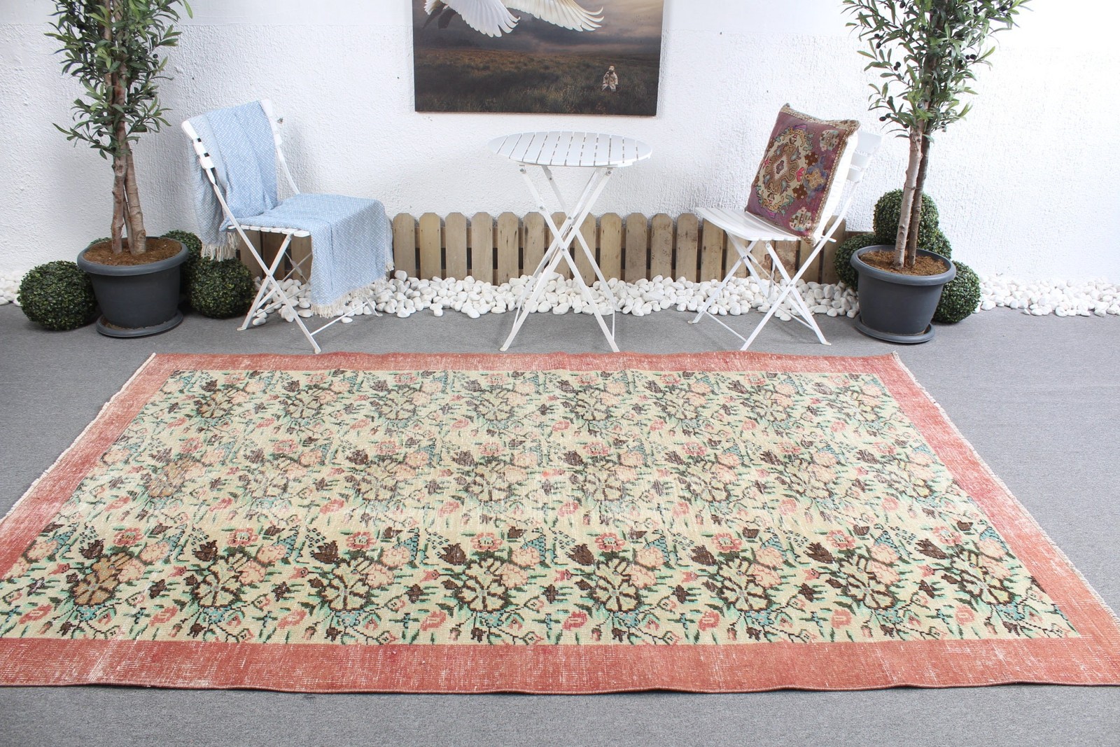 Turkish Vintage Rug 5×9 ft (152×274 cm), Green Red floral geometric Rug