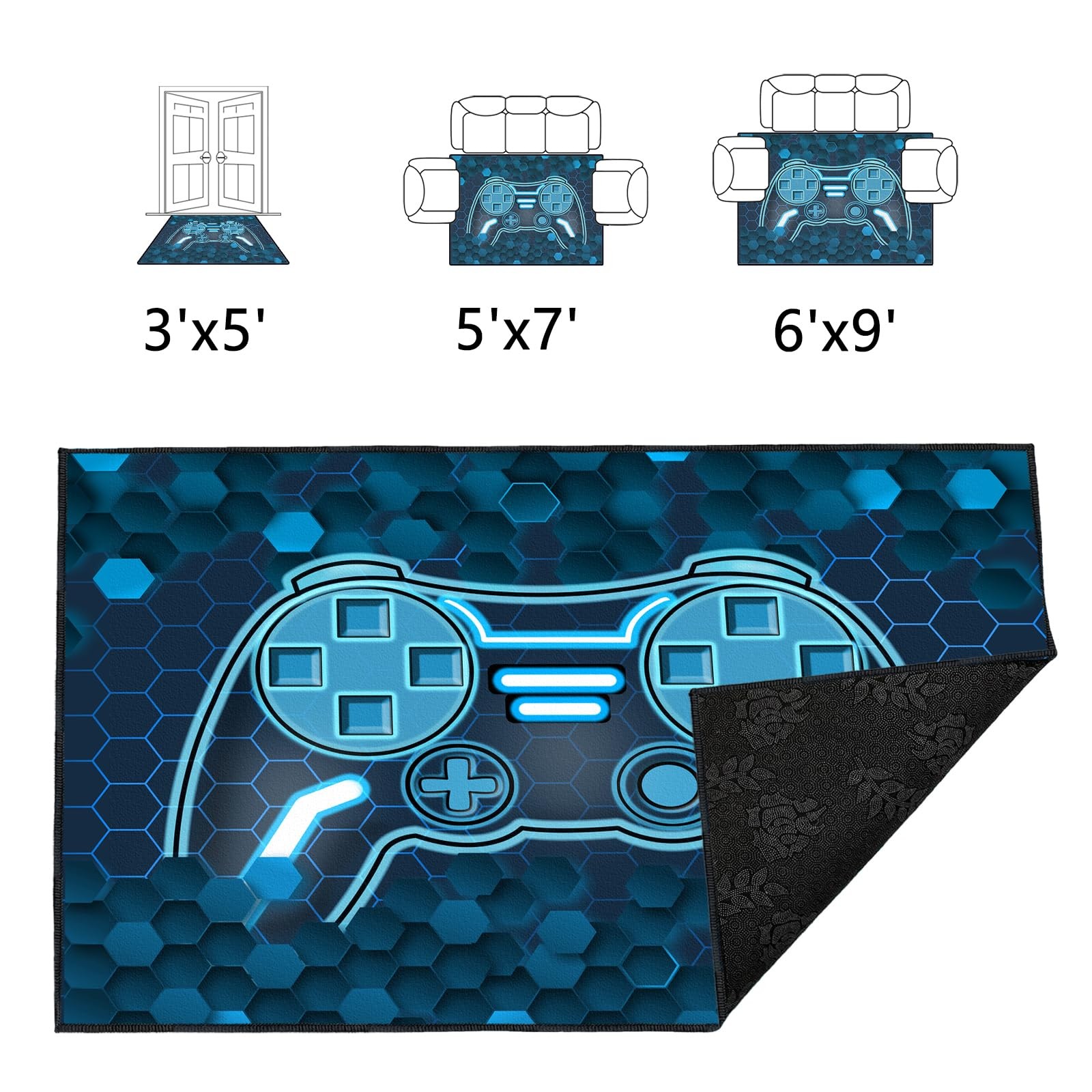 3×5 Feet Gamer Rug Game Room NonSlip Backing Gaming Bedroom Livingroom Mat