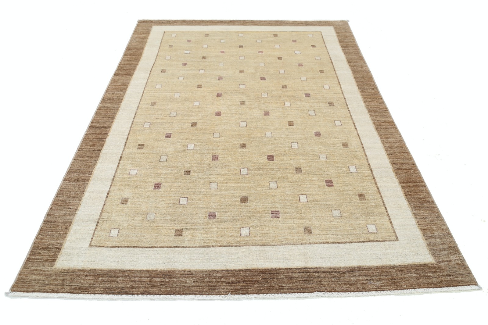 5.7×8 ft Hand Knotted Beige and Taupe Rug. Minimal Geometric Dot Design Carpet
