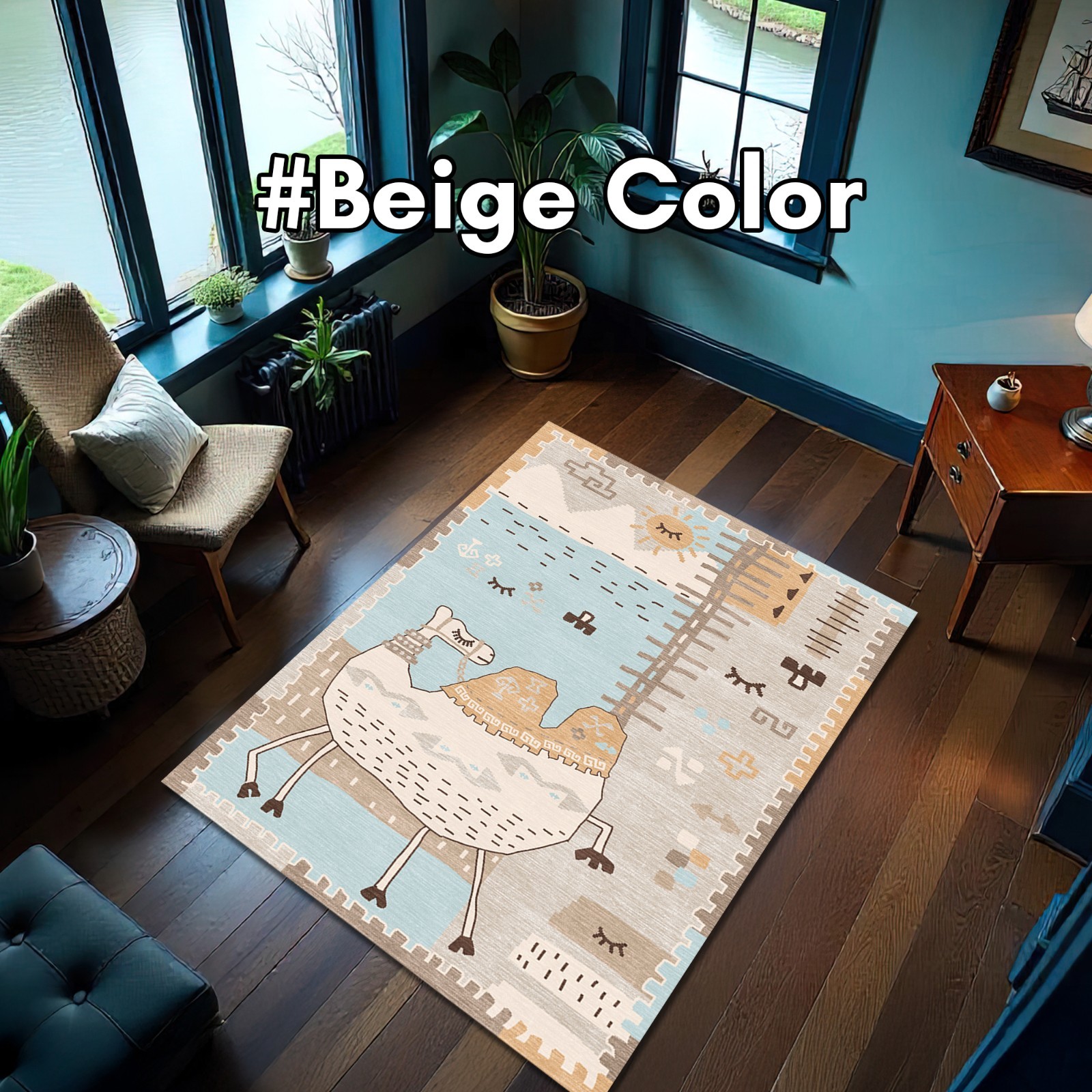 Multicolor Camel Rug Boho Desert Kids Carpet Moroccan Mat Animal Print Decor
