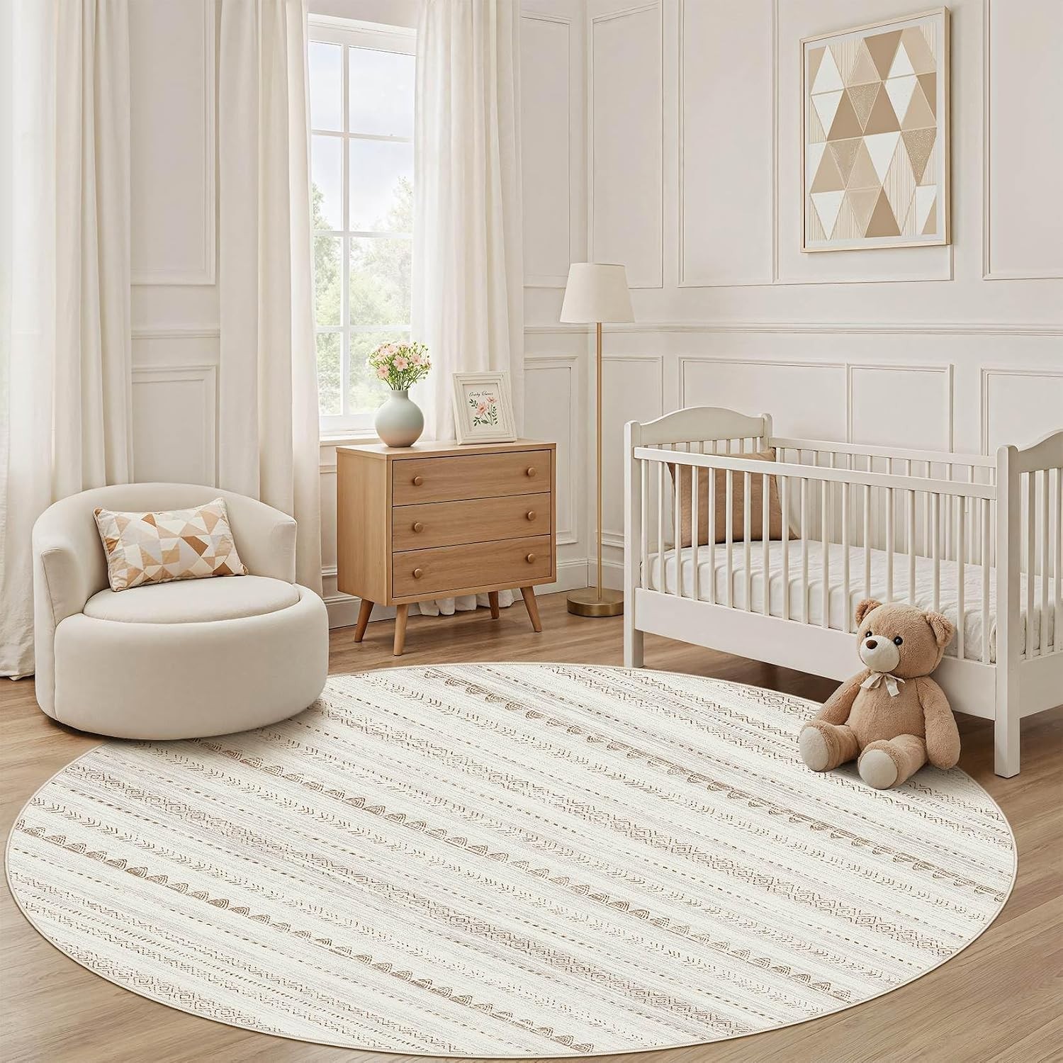 Stylish 8′ Round Geometric Rug – Machine Washable & Stain Resistant Design