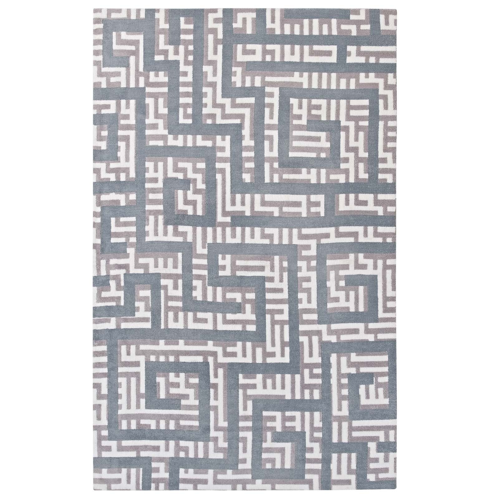 Geometric Maze Microfiber 5×8 Area Rug in Ivory, Light Gray and Sky Blue