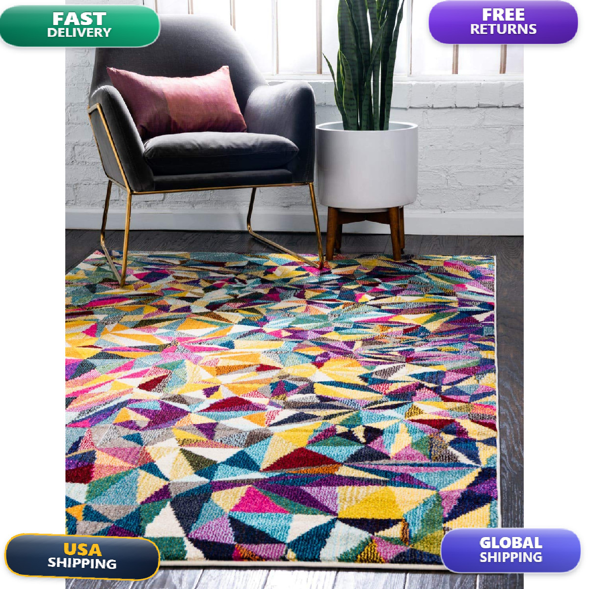 Unique Loom Estrella Collection Geometric Triangles Bright Colors Abstract
