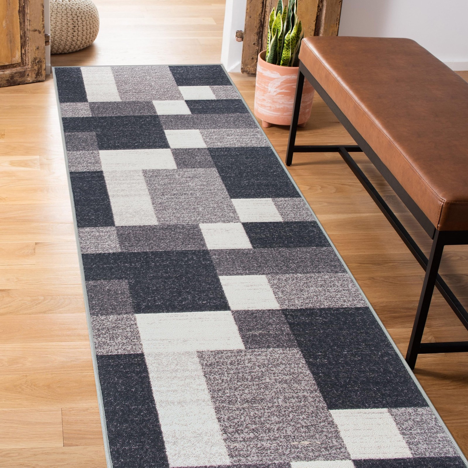 Modern Boxes Design Non Slip Anti Skid Area Rug Runner 2×7 ft 22×84 Inch Gray