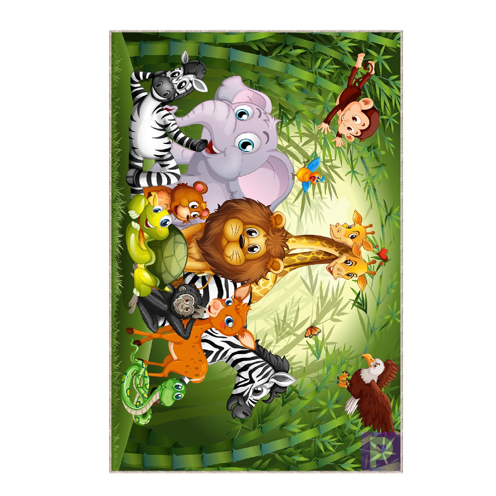 Jungle Safari Kids Rug, Cartoon Animal Play Mat, Green Nursery Carpet for Childr
