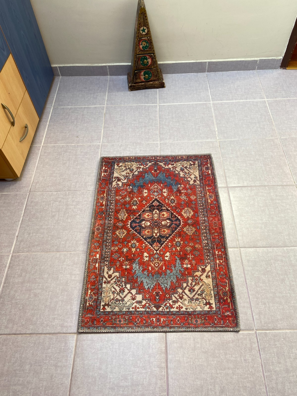 Machine Washable Printed Rug Vintage Heriz Non Slip Red Blue Kitchen Runner