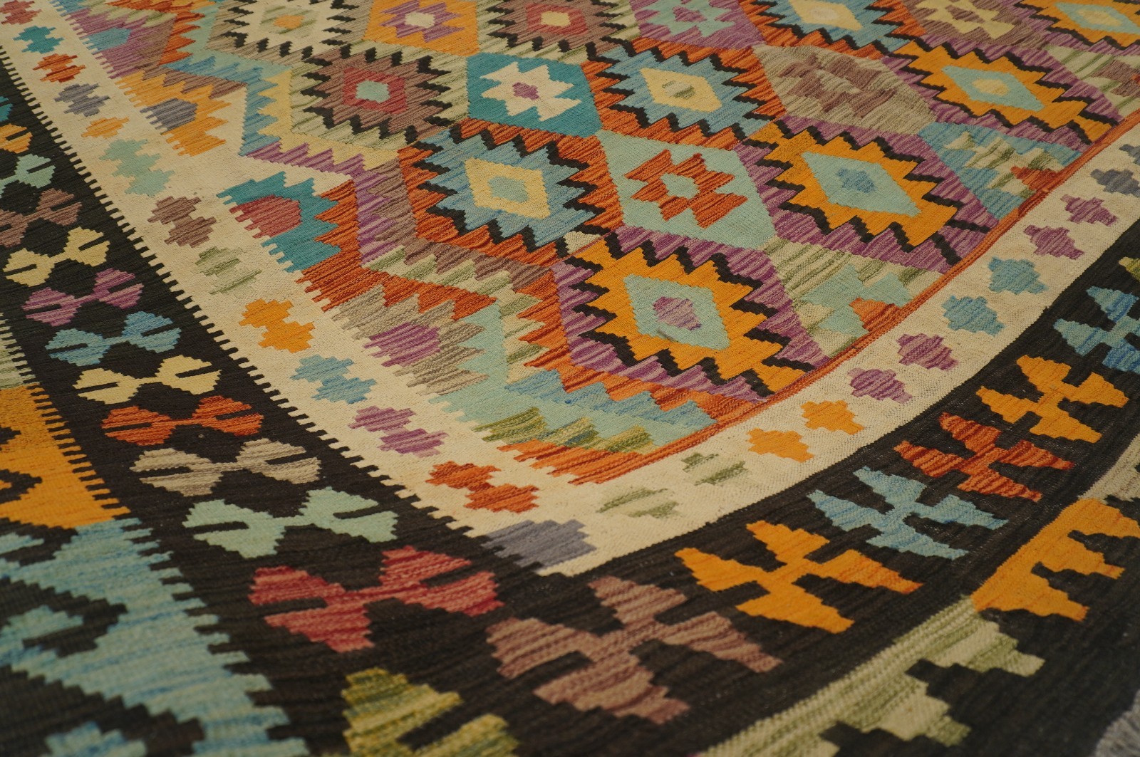 8×11 ft Black Afghan Handmade Geometric Wool Kilim Area Rug (8’3″x11’5″)