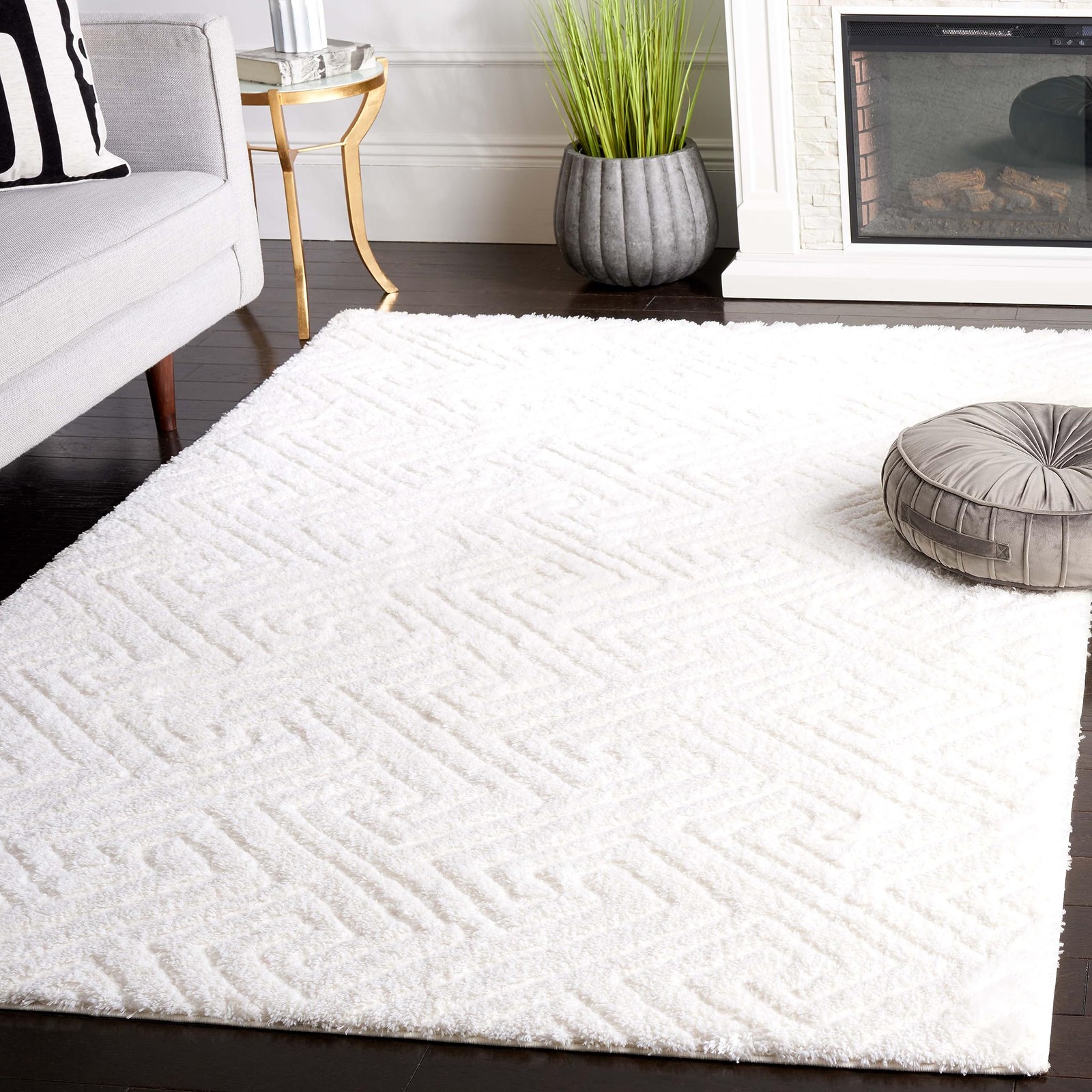Tahoe Shag Collection Area Rug – 5′ x 7′, White, Geometric Design, 1.2-inch T…