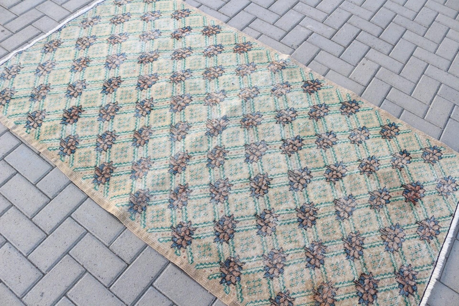 Vintage Turkish Area Rug 3,8×6,7 ft, Blue Brown Plants & trees Wool Rug