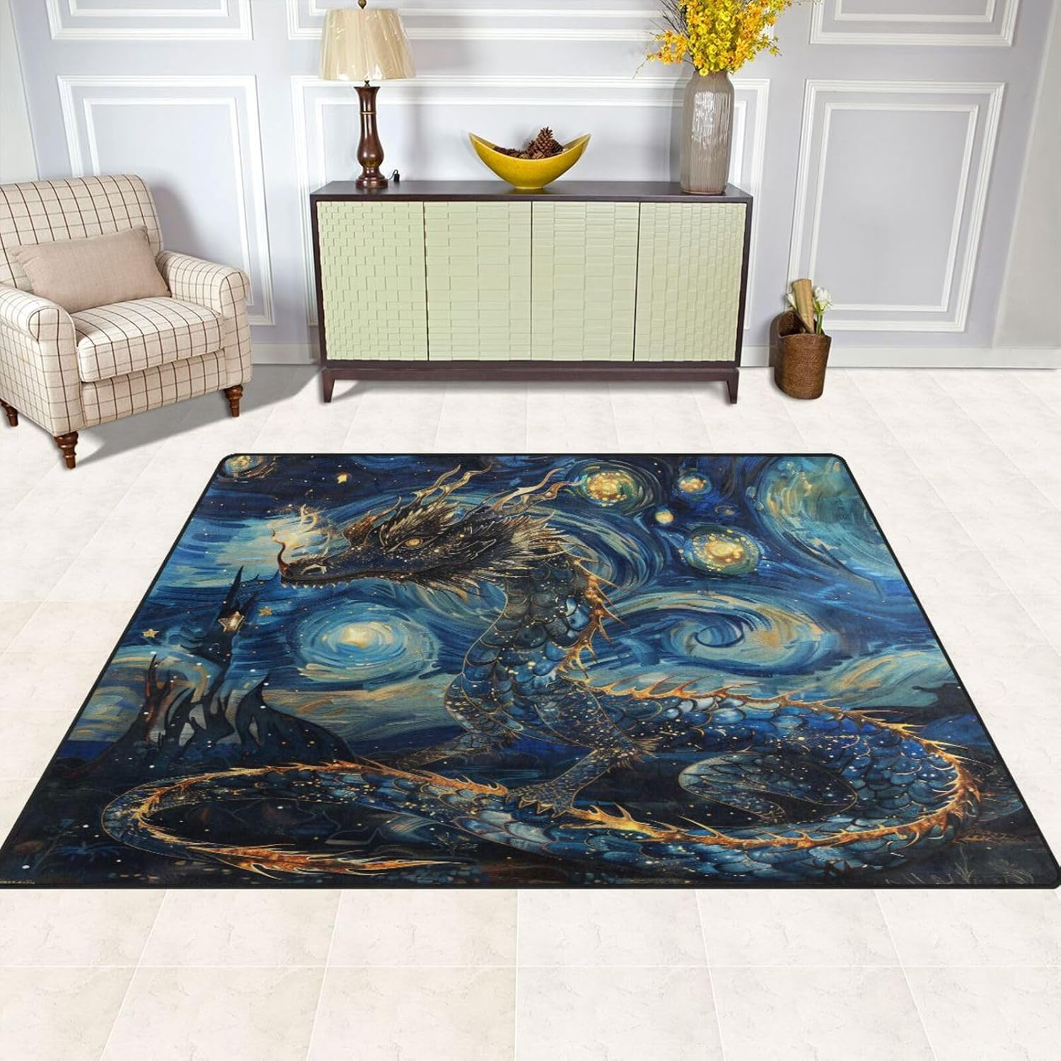 Starry Night Sky Dragon Non-Slip Area Rug for Modern Home 4’10” x 6’8