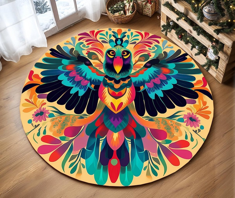 Colorful print rug, Bird pattern rug, Circle area rug, Contemporary rug