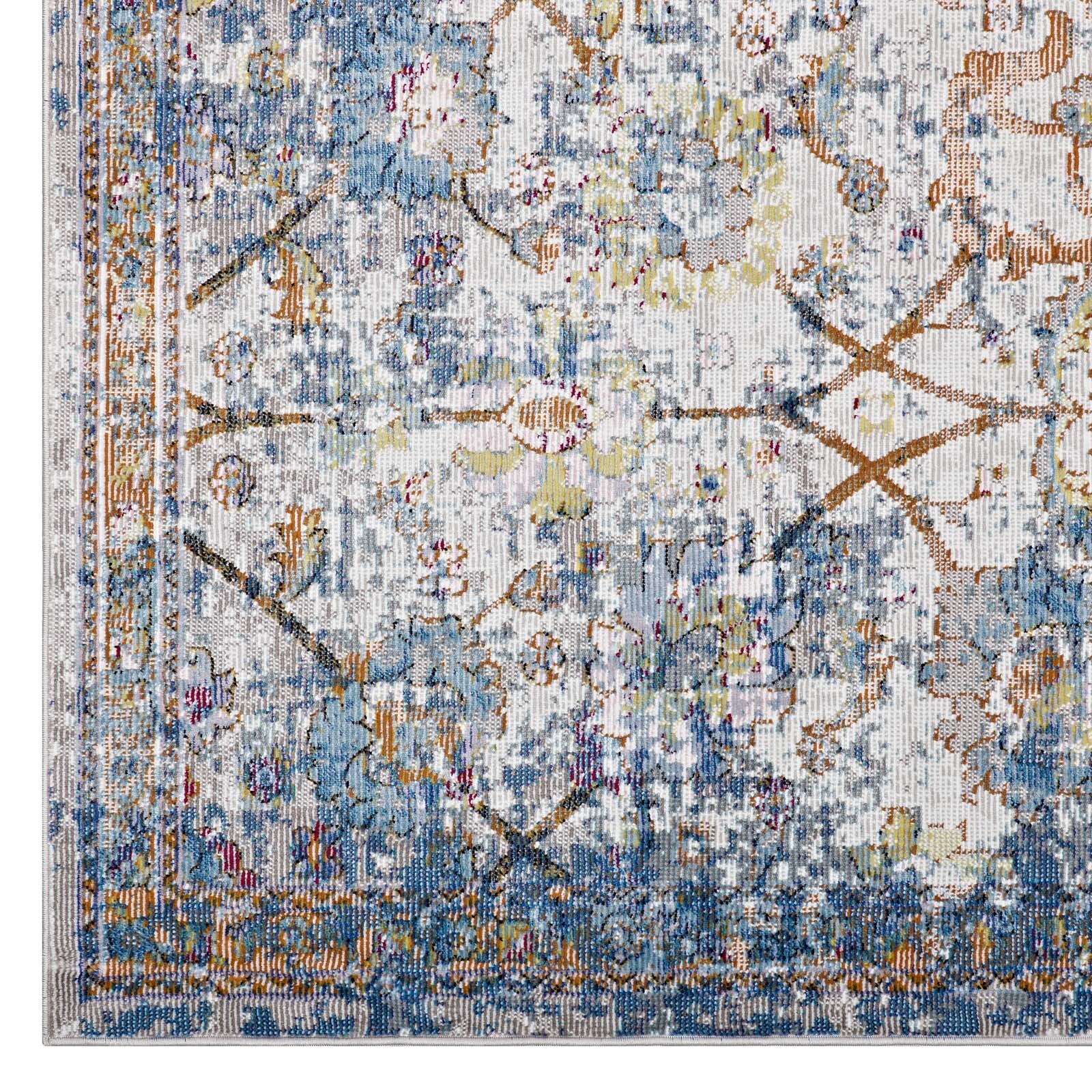 Modway Distressed Floral Lattice 4×6 Area Rug in Light Blue, Yellow and Orange