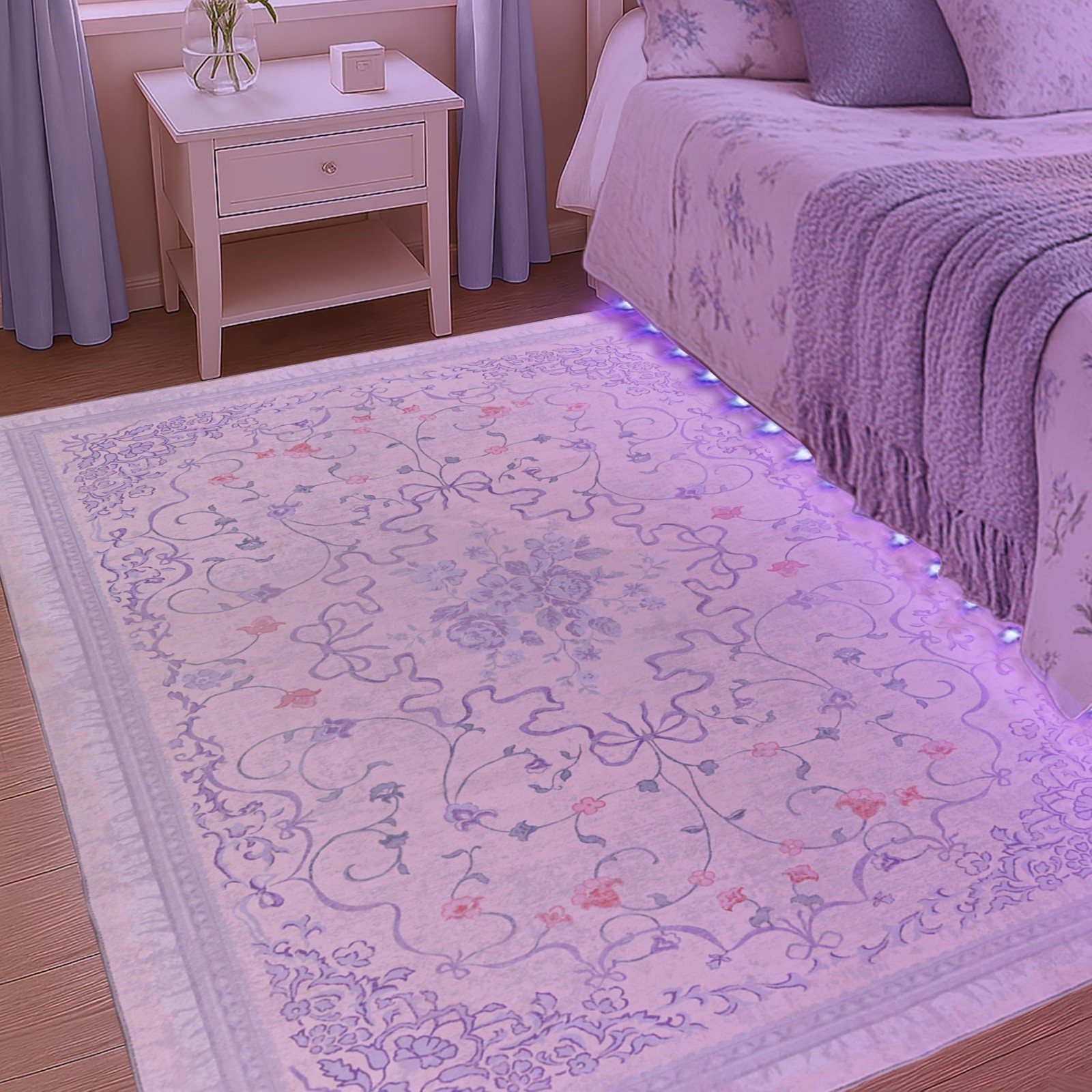 Pastel Purple 5×7 Washable Area Rug – Light Lavender Floral Design for Kids’ Roo