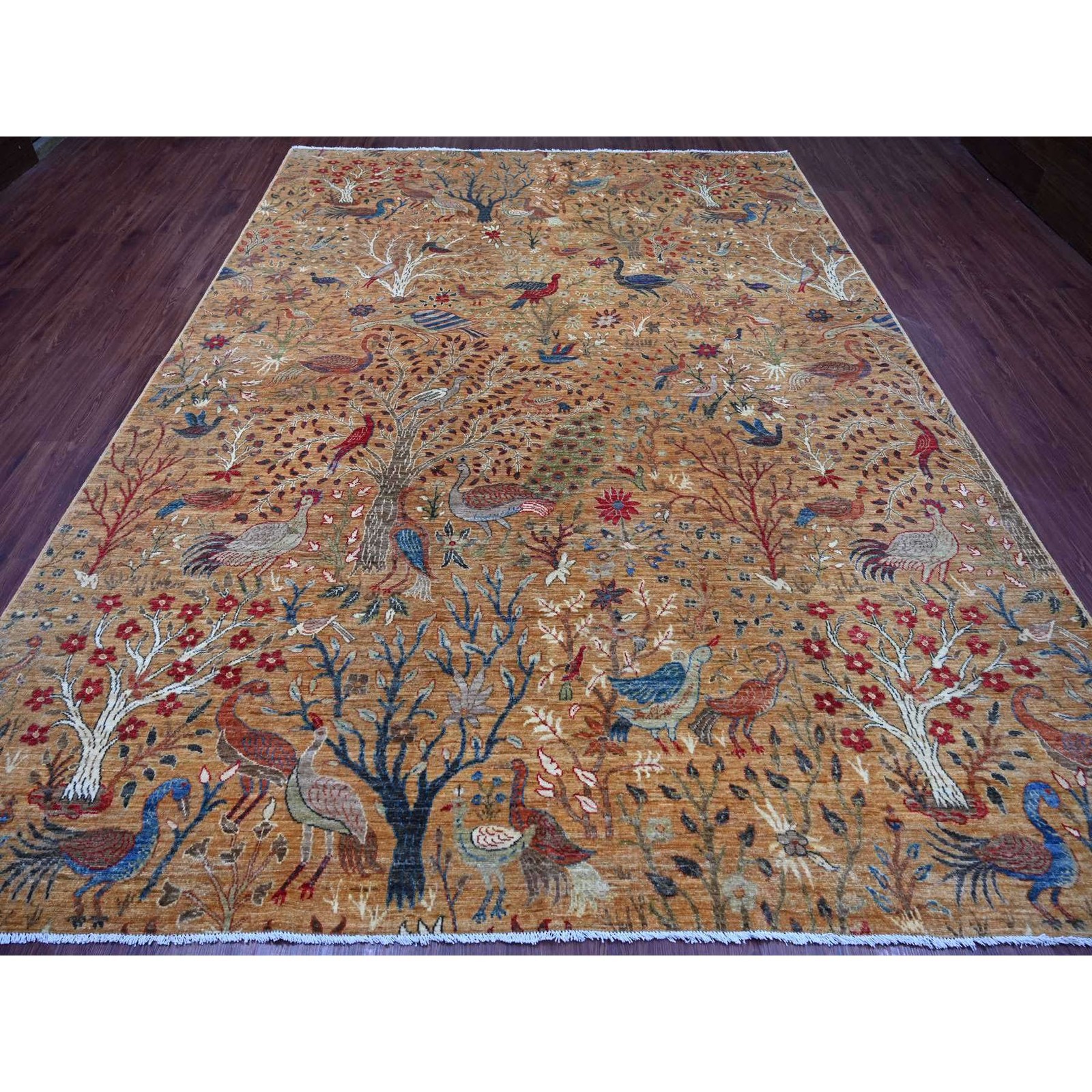 8’10″x11’10” Brown Peshawar Birds of Paradise Design Hand Knotted Soft Wool Rug