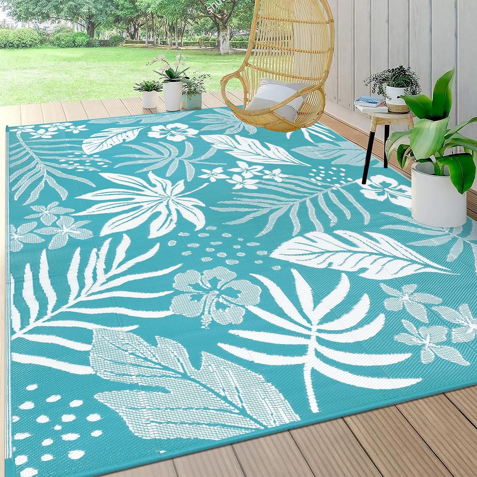 Waterproof 8×10 Outdoor Rug – Reversible Floral Teal Patio Mat, UV Resistant, Id