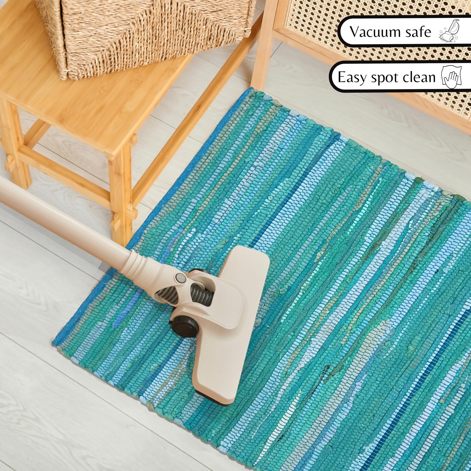 Ramanta Home Hand Woven 100% Cotton Chindi Rag Rug 2’x3′ – Teal, Recycled Rev…