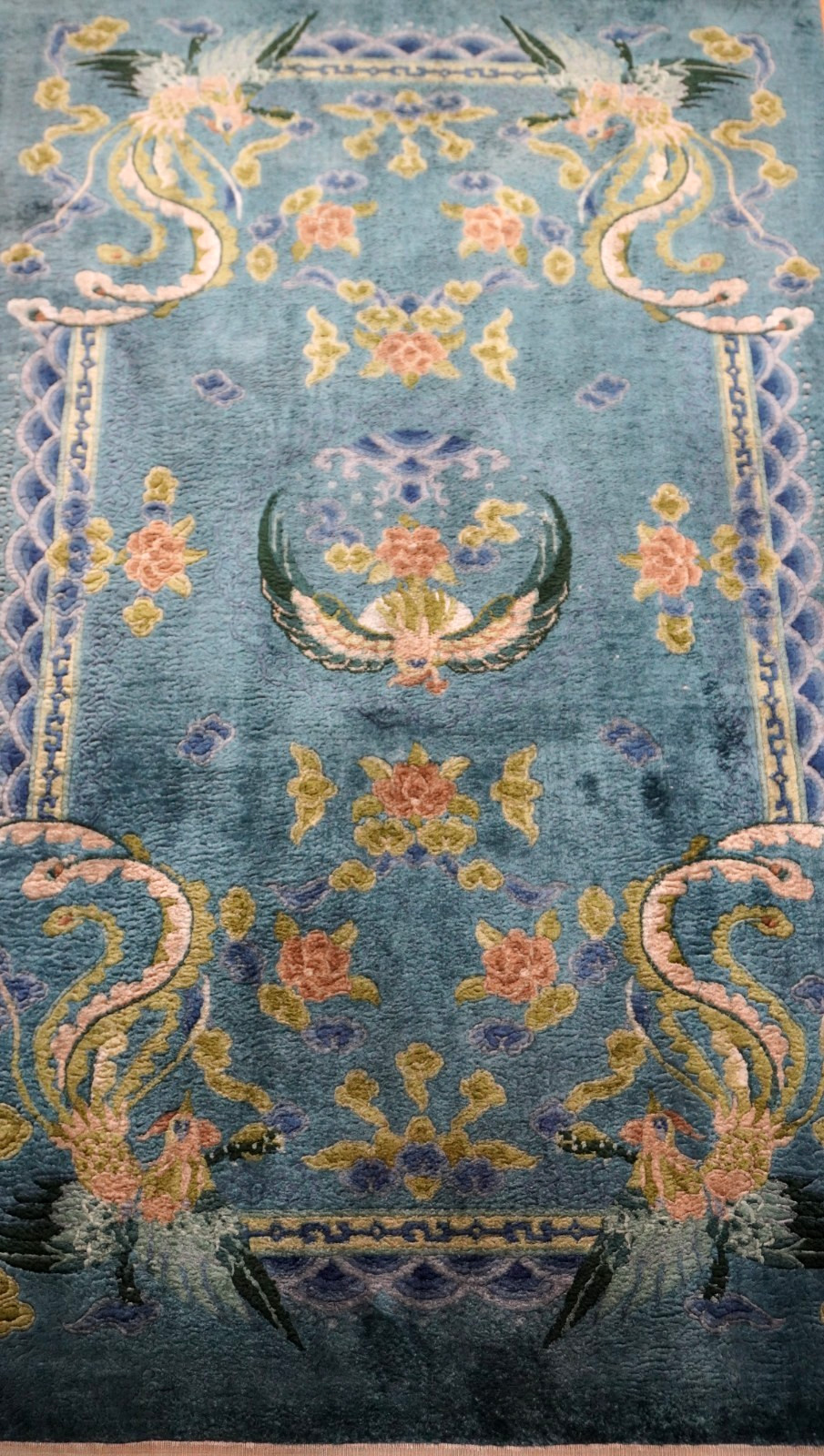 3′ x 5′ Chinese Silk Hand Knotted Peacocks Birds Blue Oriental Rug