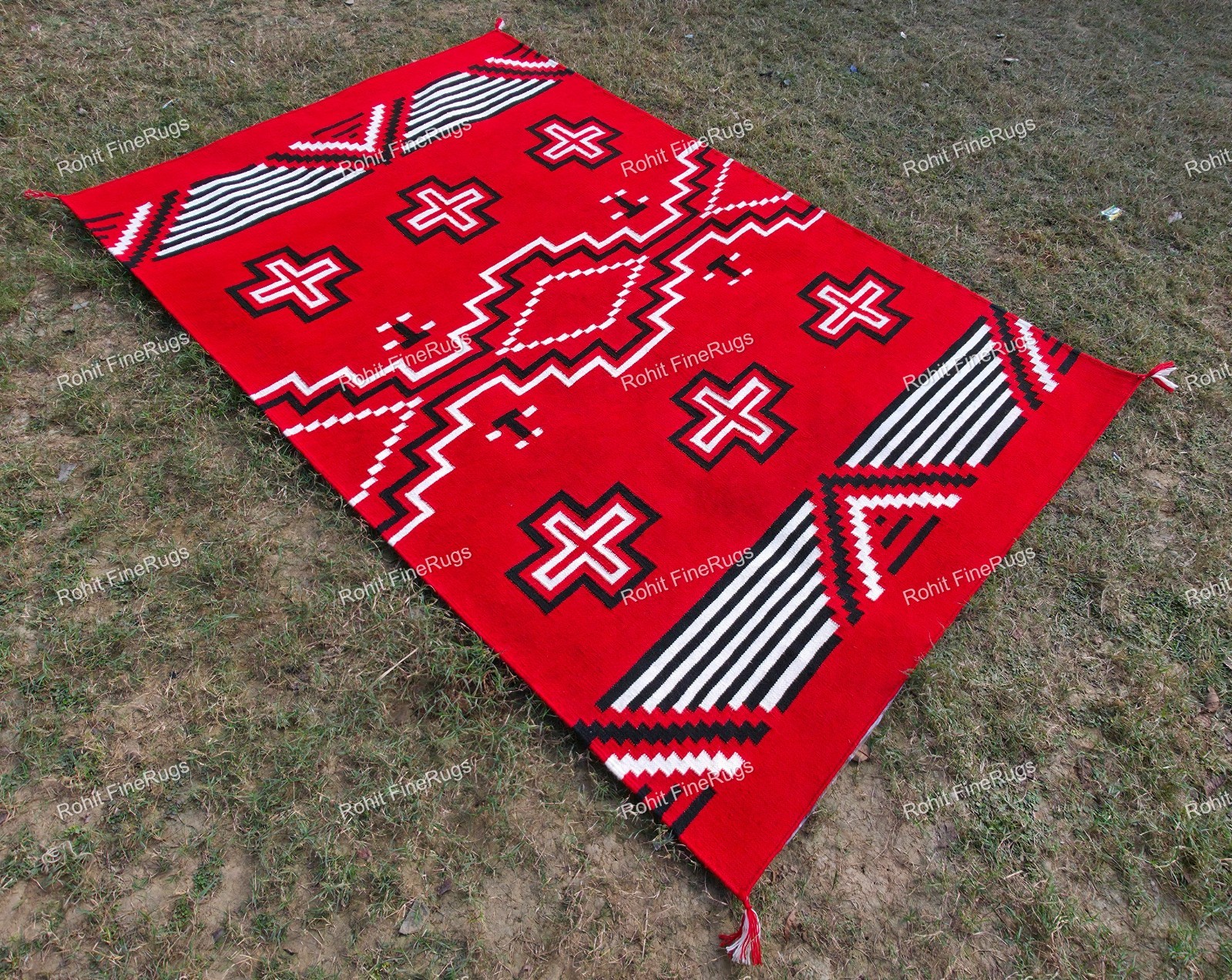 Custom Size Handwoven Red Wool Navajo Rug Native American Style Mexican Decor