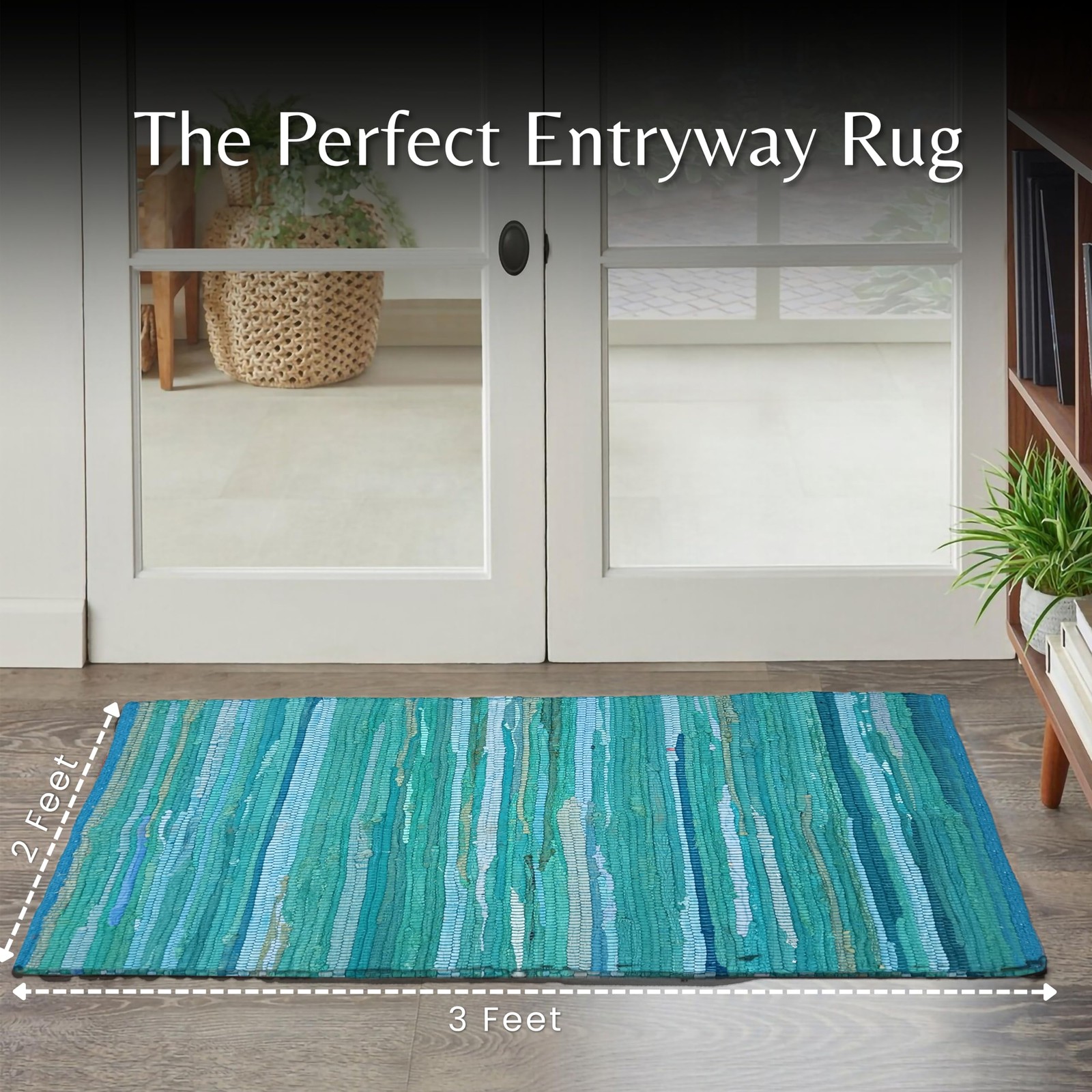 Ramanta Home Hand Woven 100% Cotton Chindi Rag Rug 2’x3′ – Teal, Recycled Rev…