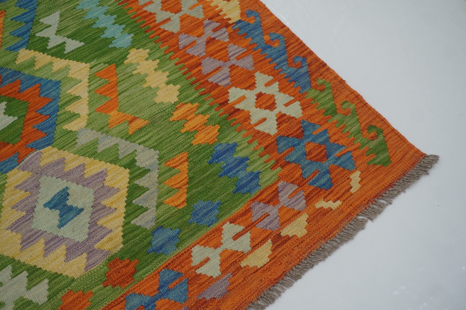 8×11 ft Green Afghan Handmade Geometric Wool Kilim Area Rug (8’4″x11’6″)