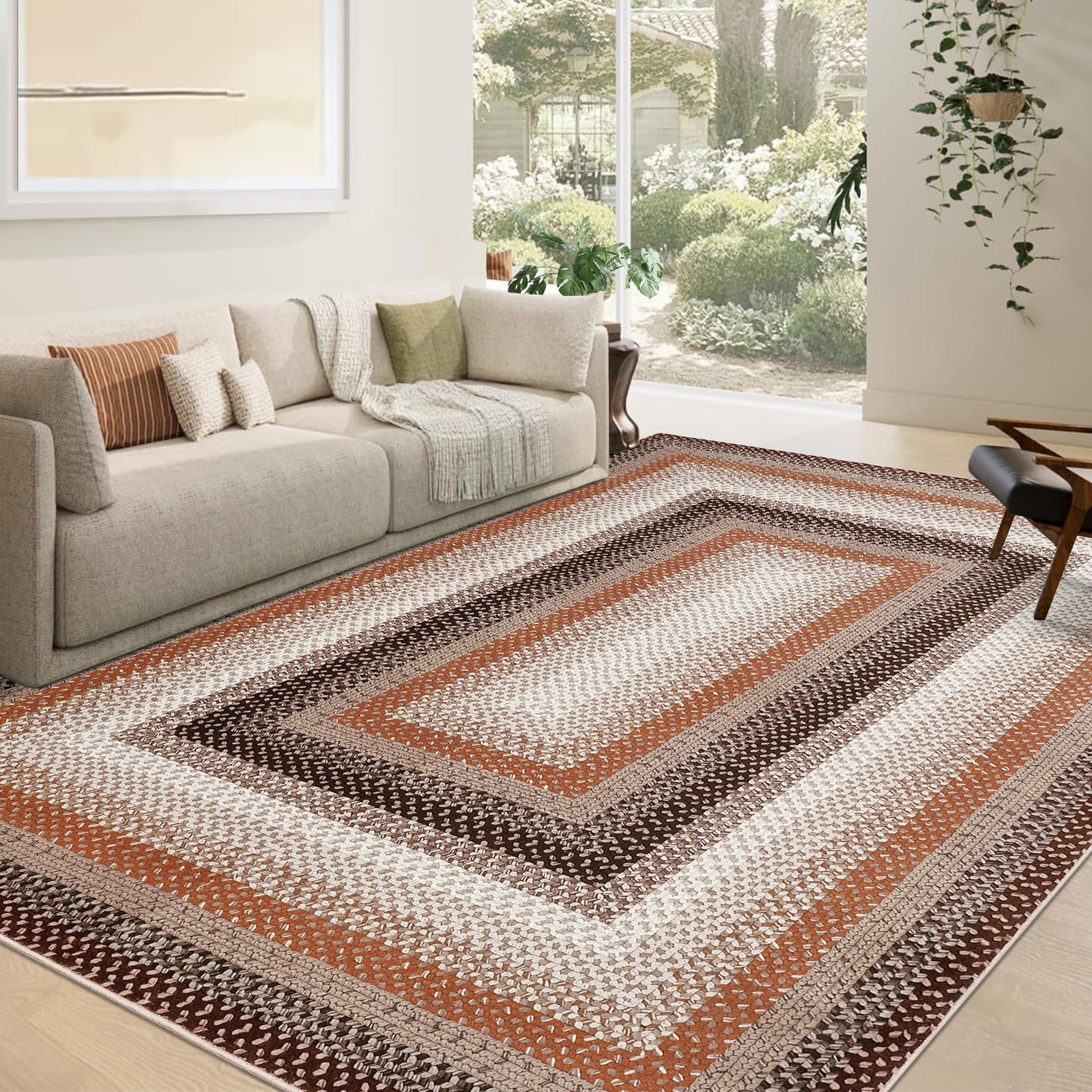 9×12 Area Rug Washable BordeBrown Braided Rug, Modern Neutral Living Room