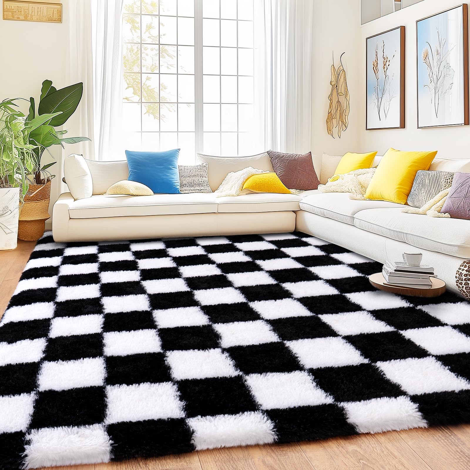 Quntue Checkered Rug For Living Room 8X10 Ultra Fluffy Fuzzy Shag Black And