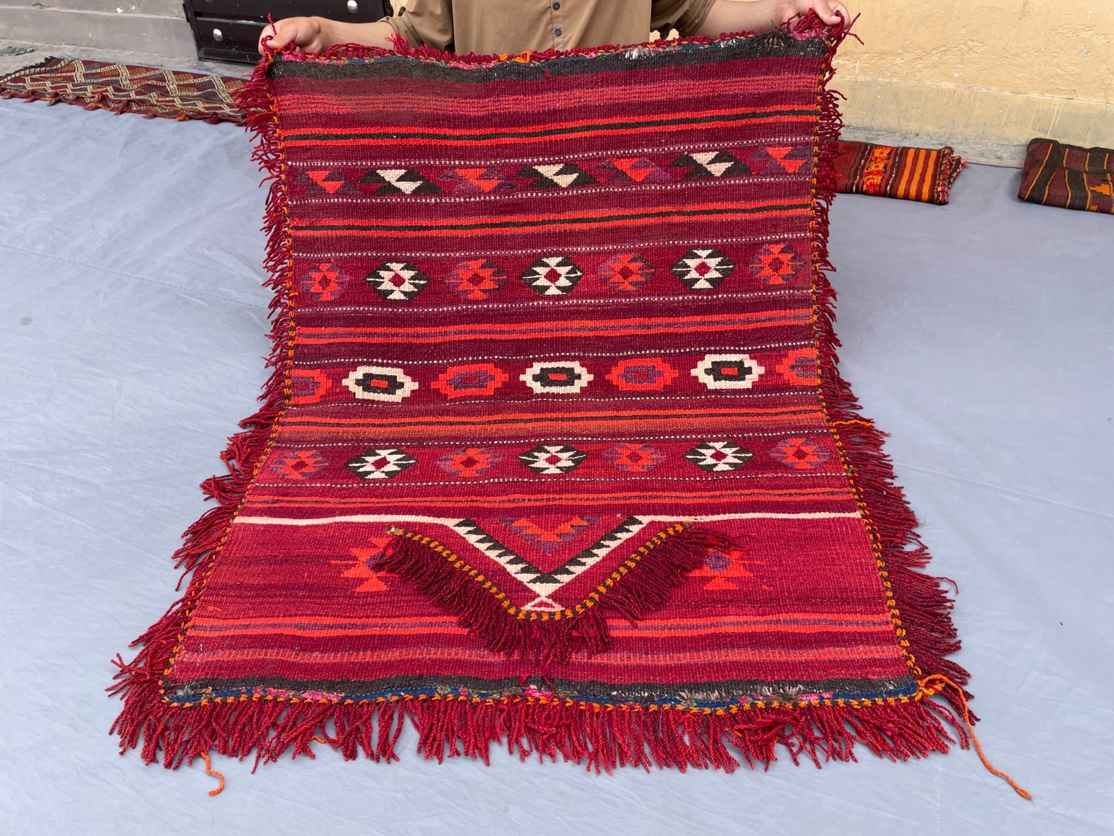 3’2 x 4’2 ft Classic Afghan Kilim – Deep Red Tribal Striped Geometric Flatweave