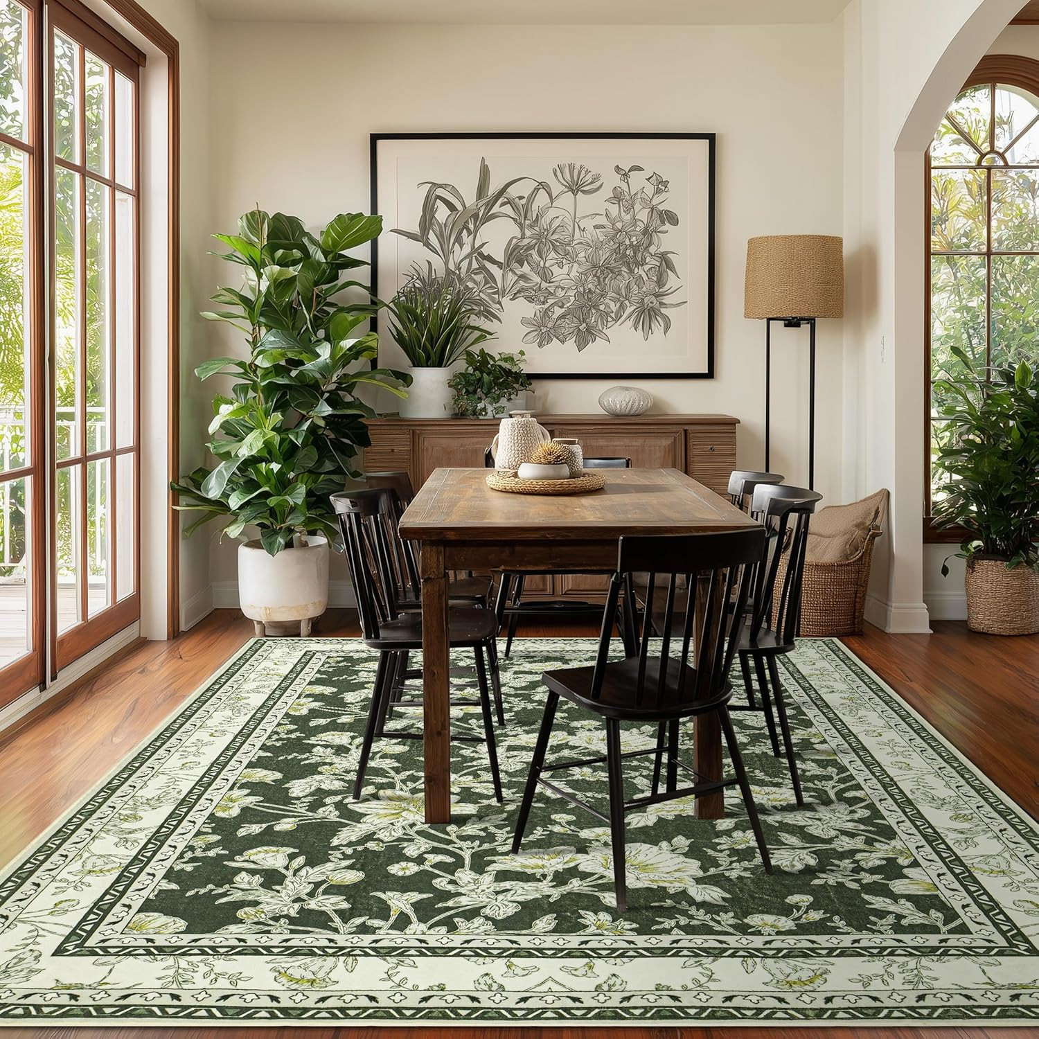 Olive Green Floral Print Area Rugs for Bedroom Living Room Boho Farmhouse Countr