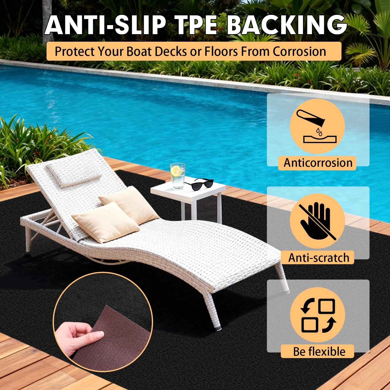Marine Carpet, 5 FT x 15 FT Black Indoor/Outdoor Rug 0.2″ Thick TPE Backed No…