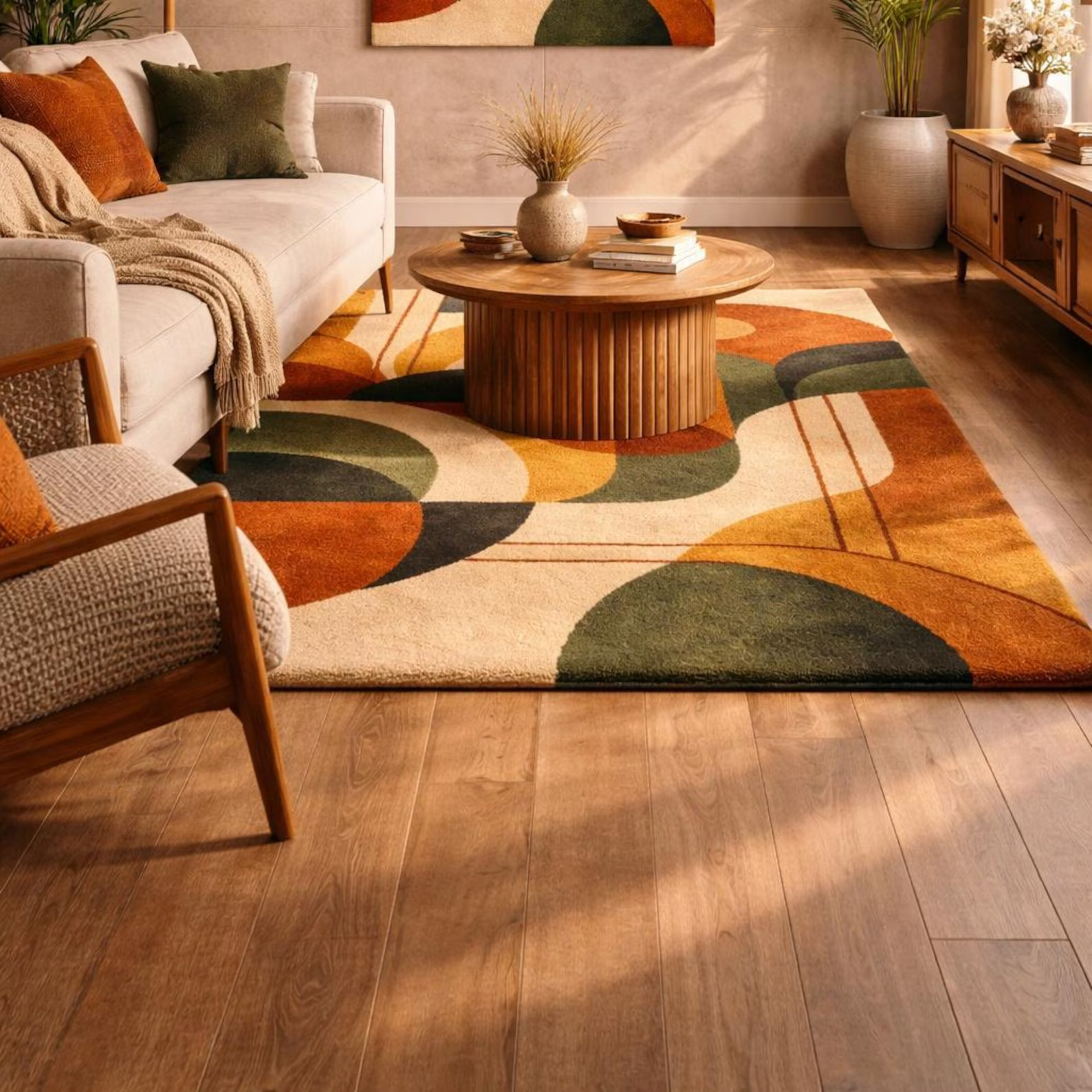 Luxury Hand Tufted Wool Rug Geometric Area Rug with Bold Circle & Arc Motif Rust