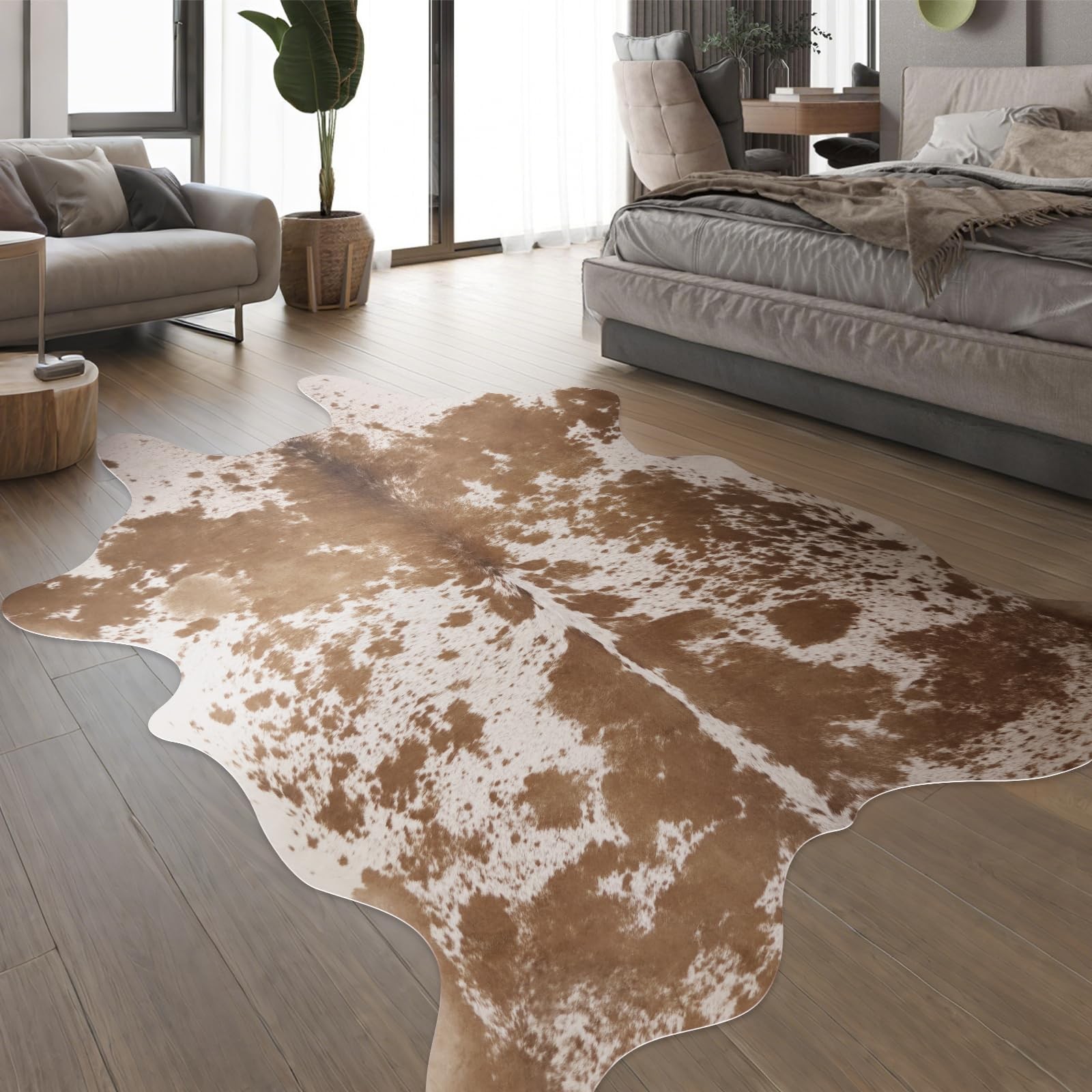 Faux Cow Hide Rug 4.6×5.2 Ft Brown Cowhide Carpet Western Living Room Decor