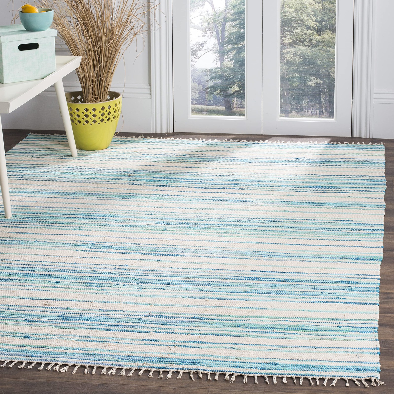 Rag Rug Collection Area Rug – 6′ x 9′, Ivory & Green, Handmade Boho Stripe Co…
