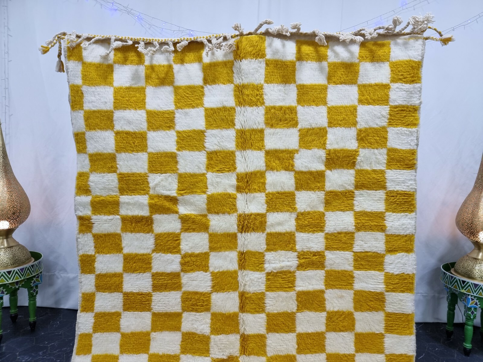 Handmade Moroccan Beni Ourain Rug 5’2″x7’7″ Checked Berber White Yellow Carpet