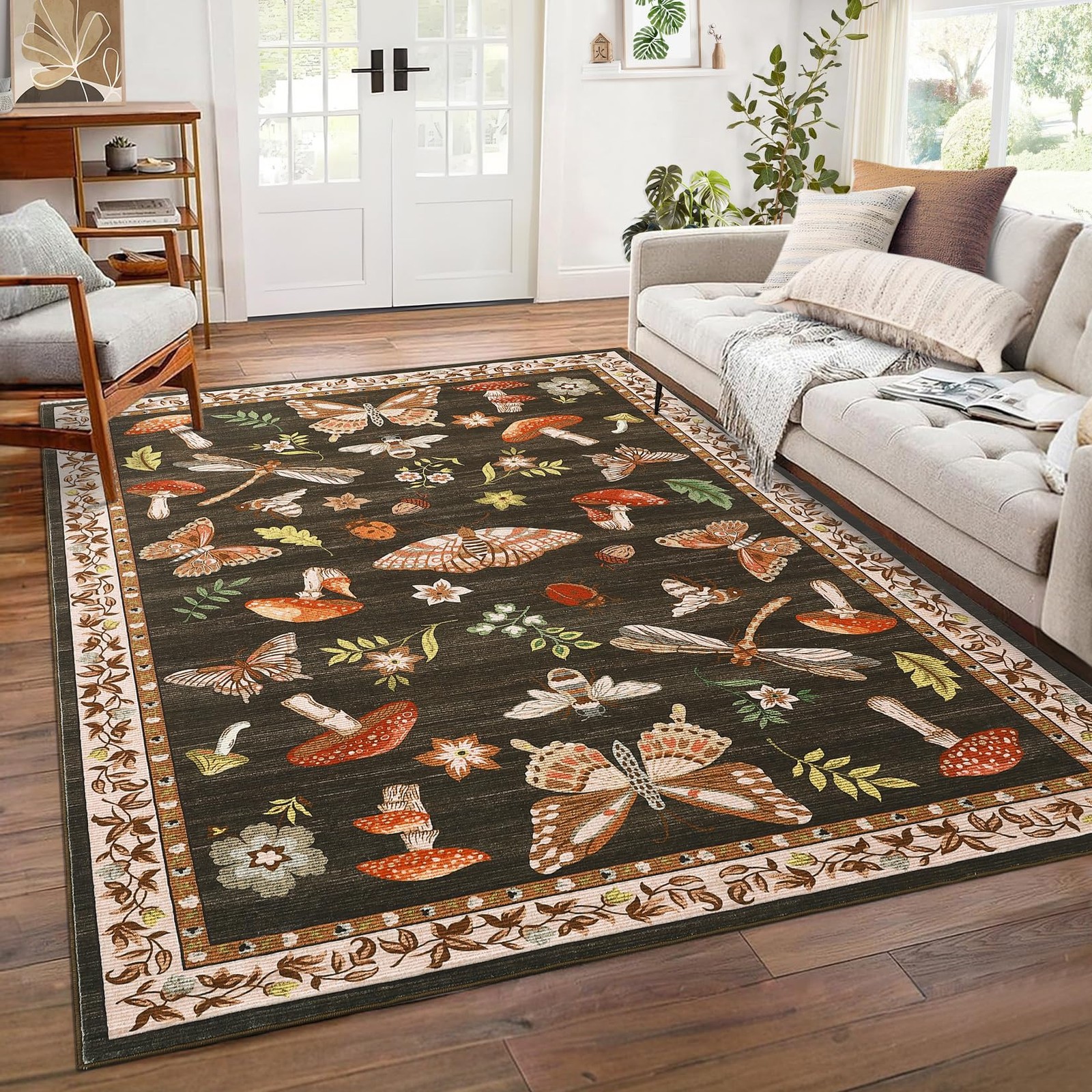 ROYHOME Mushroom Washable Rug 5×7 Area Rugs for Living Room, Insect Print Rug…
