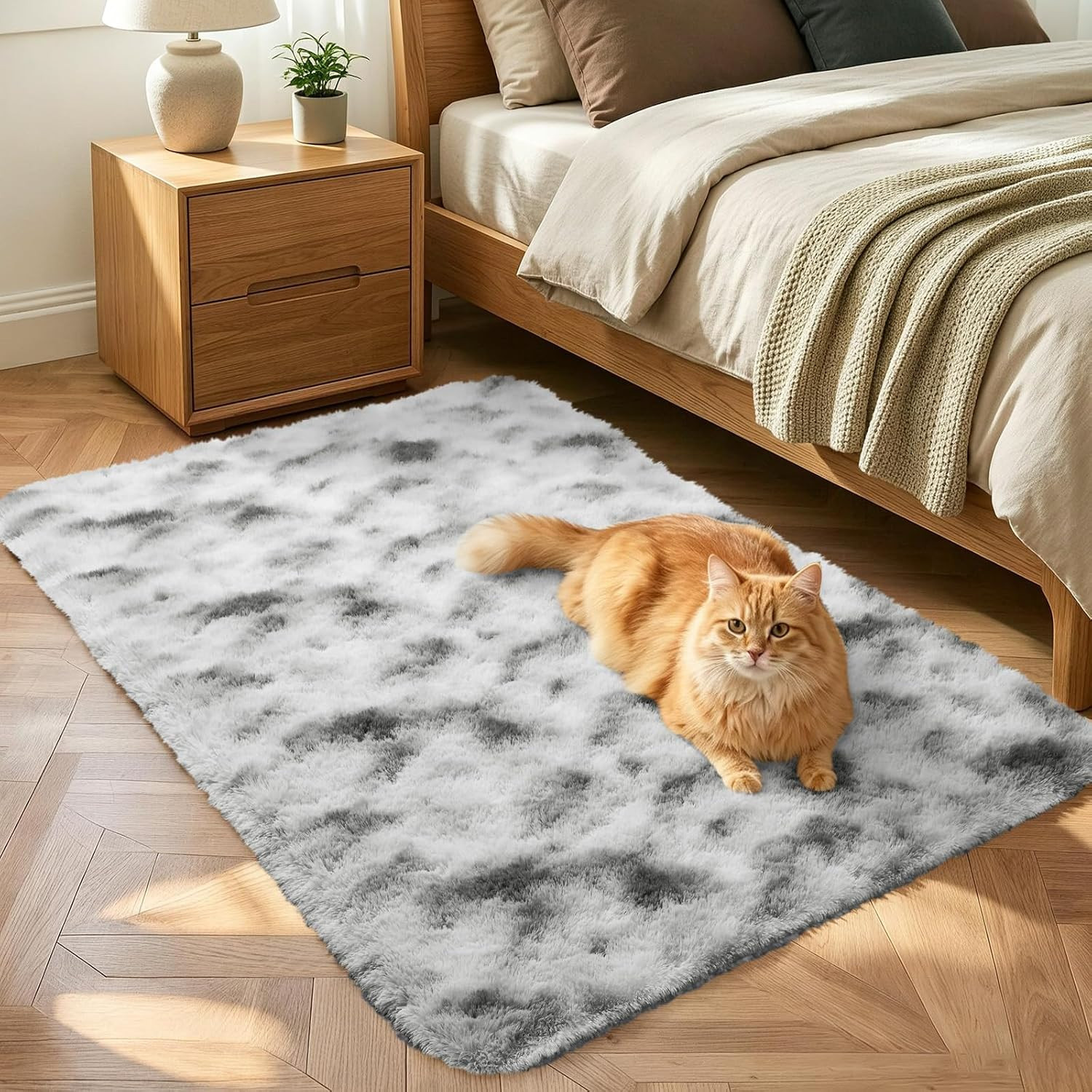 2×3 Tie-Dyed Grey and White Fluffy Area Rug Non-Slip for Entryway Bedroom | Plus