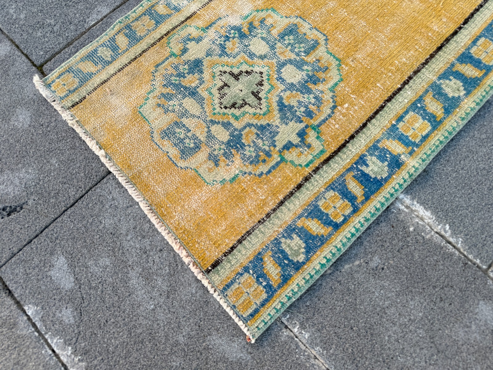 Small Vintage Turkish Oushak Rug 2.2×4.2 ft Yellow Door Mat Kitchen Rug