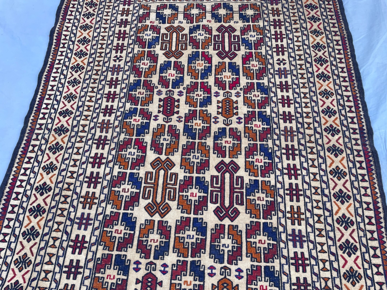 4×6 Ivory Afghan Kilim Rug with Bold Tribal Symbols and Geometric Panel Design