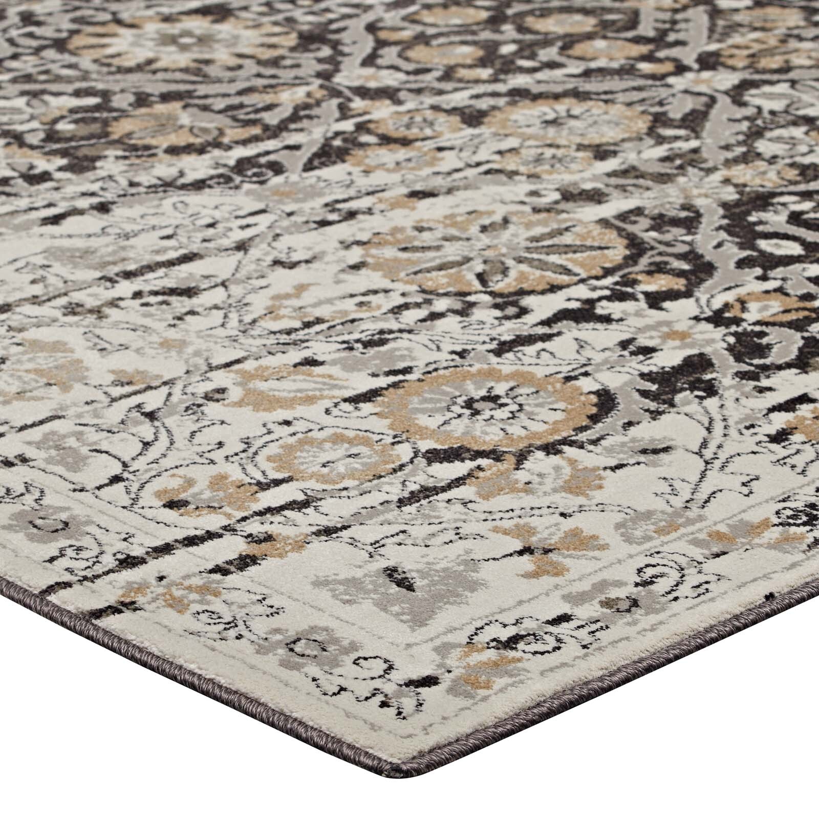 Vintage Distressed Diamond Floral Lattice 8×10 Area Rug in Black and Beige