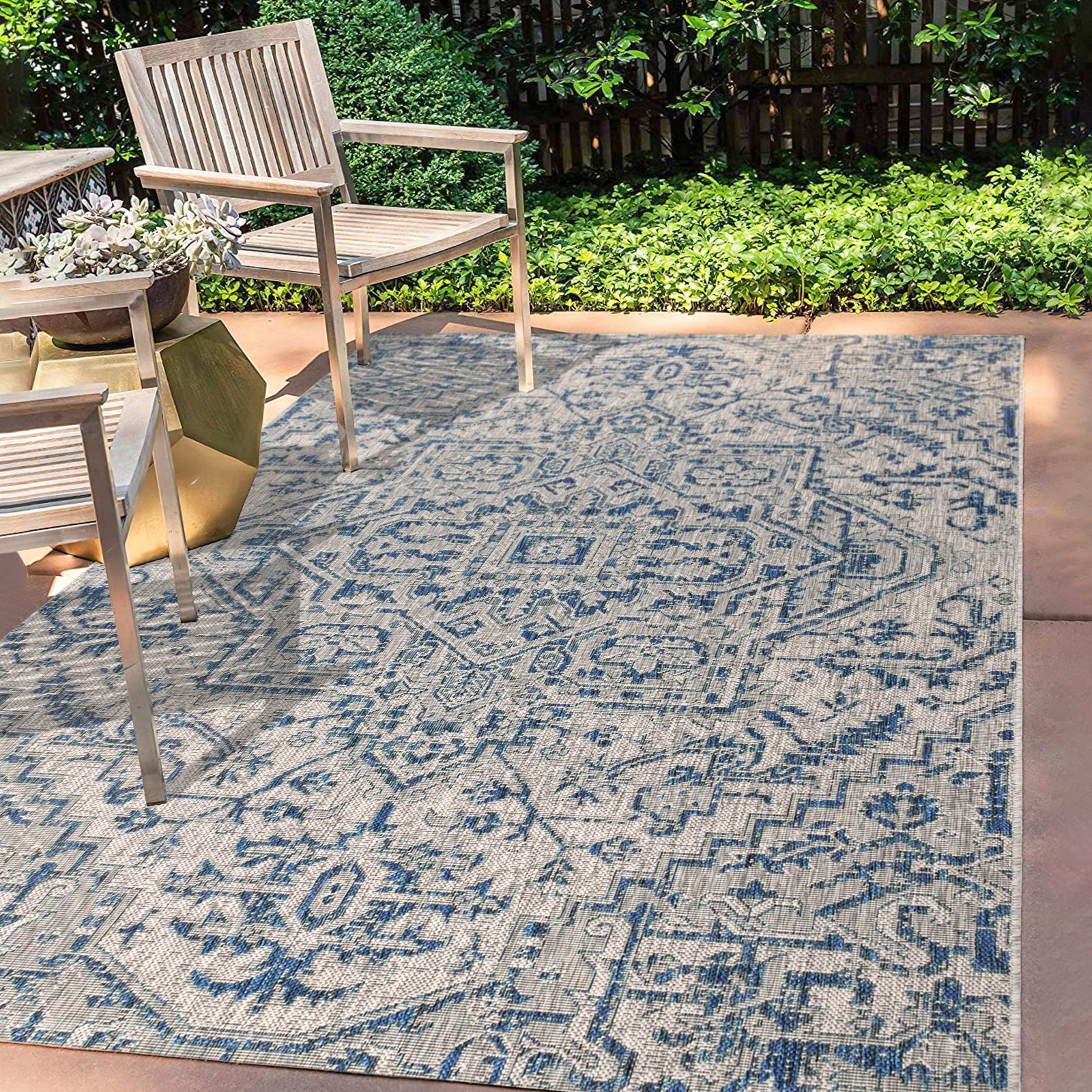 Navy Gray Rectangular Indoor Outdoor Rug Stain Resistant Pet Friendly 3×6 ft