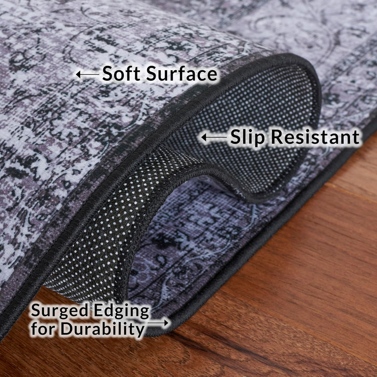 Tucson Washable 6′ Square Rug – Black & Grey, Slip Resistant, Easy Clean