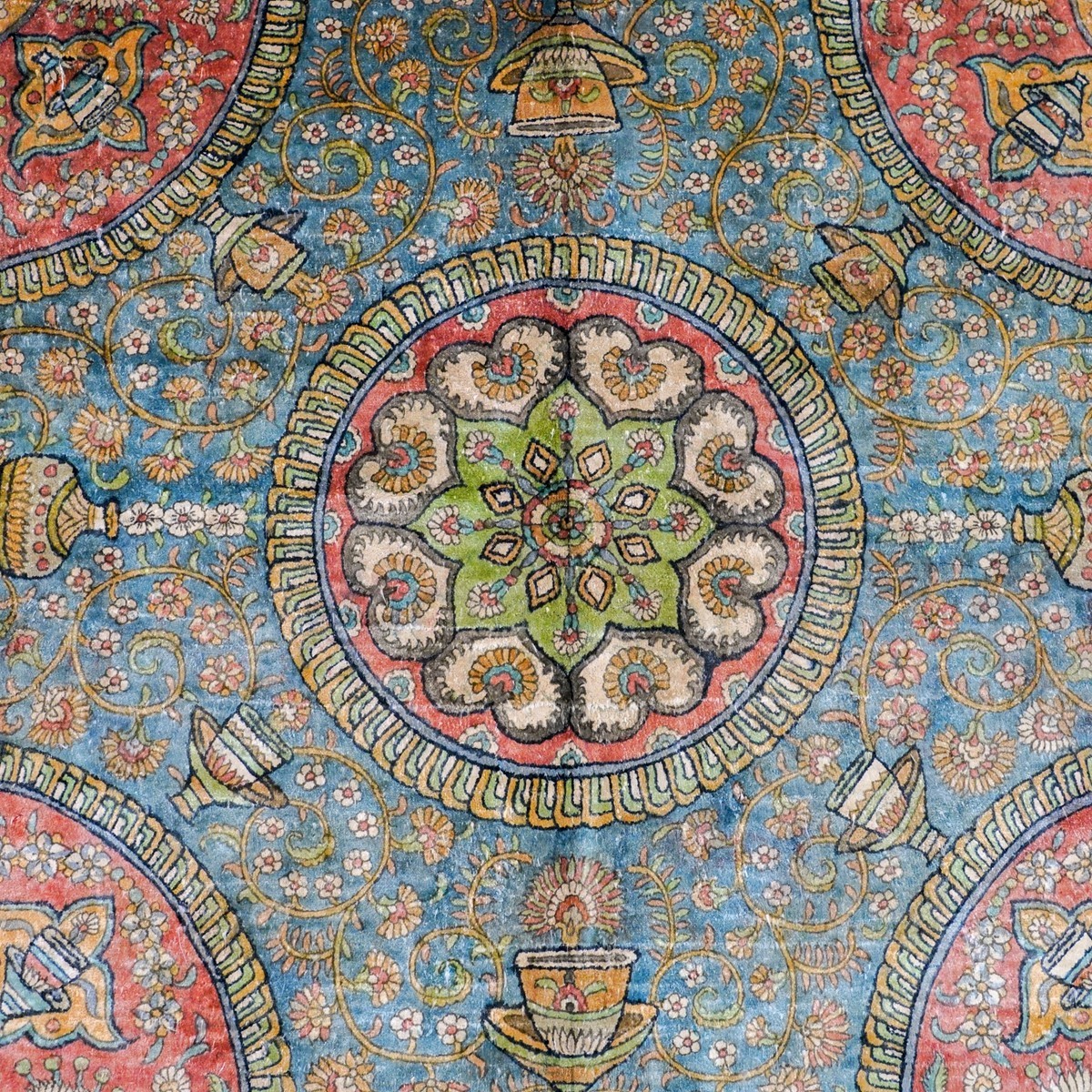 2.5×2.5ft Handmade Silk Rug Small Square Blue hand-knotted Vintage Carpet 876A