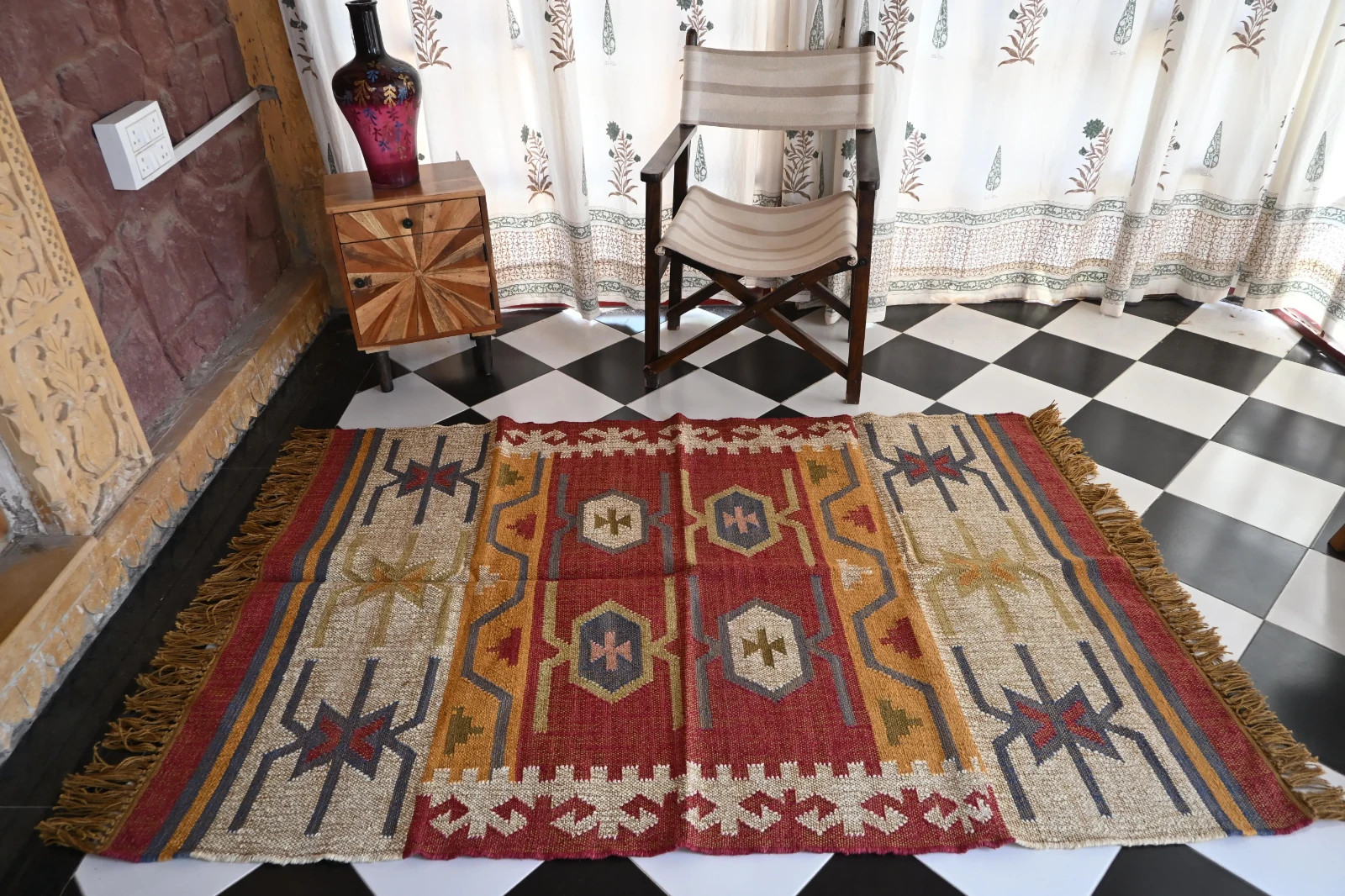 Rugmoda Jute Red Southwestern Geometric 4×6 ft Living Room Area Rug Handmade