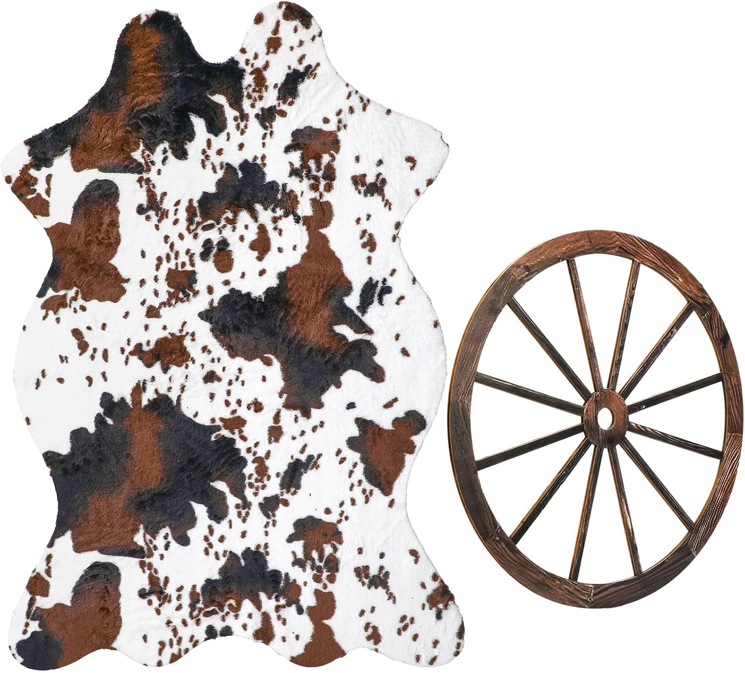 Western Cowboy Party Decorations Cow Print Cowhide Rug Wooden Wagon Wheel Vintag