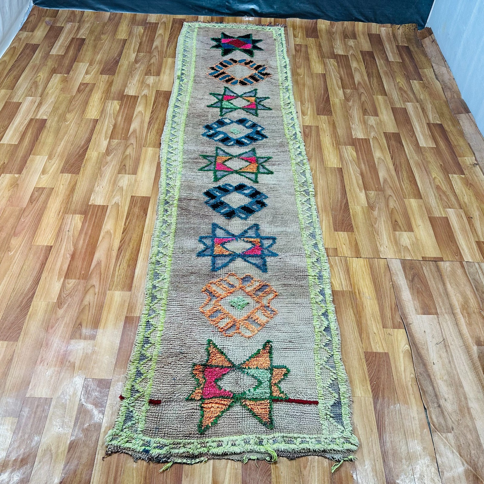 Bohemian Moroccan Shag Runner 32×126 in – Handmade Wool – Star Design Neon Accen