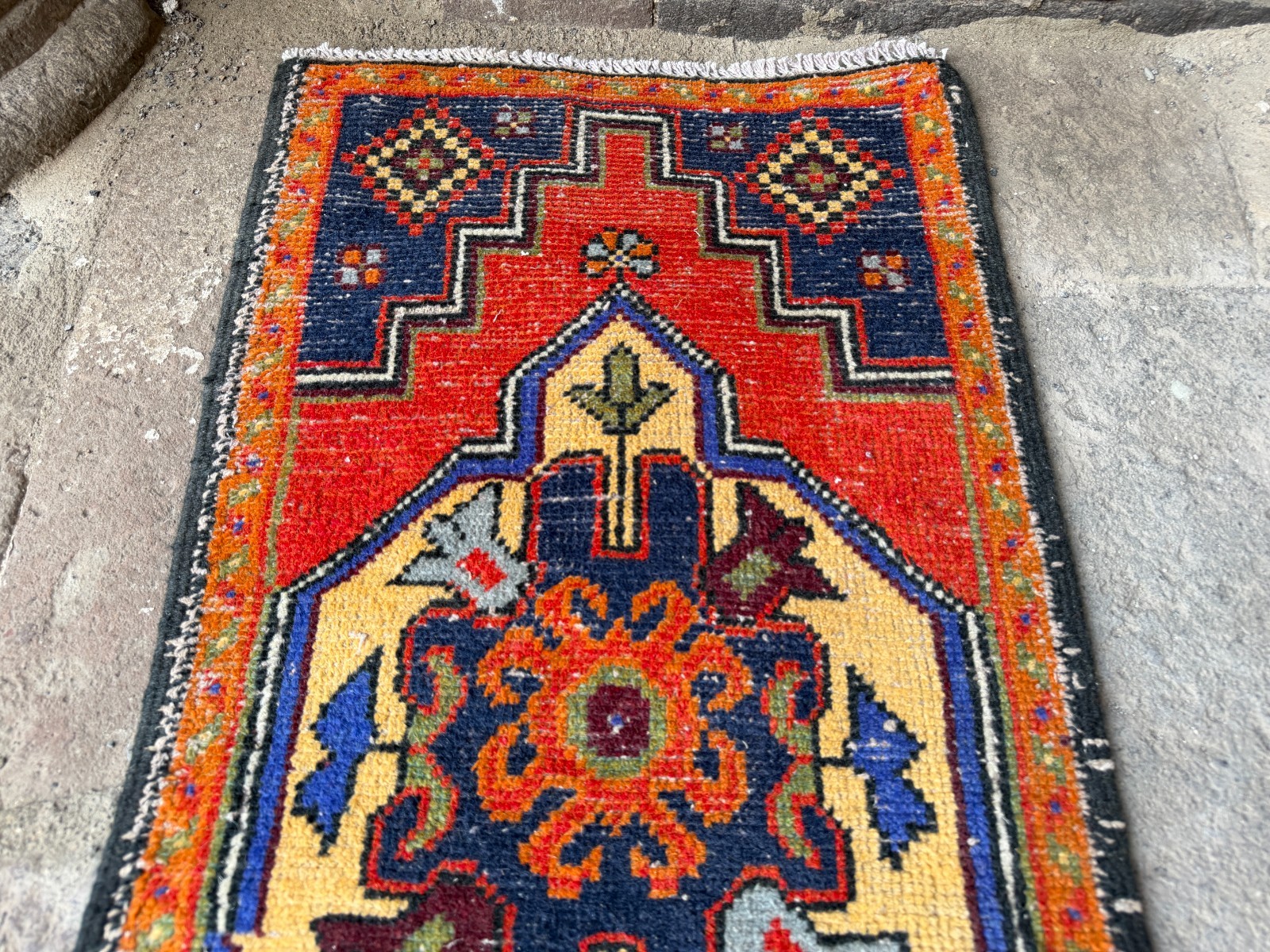 Vintage Turkish Rug 1.7×3.4 ft Red Navy Blue Small Boho Tribal Area Rug