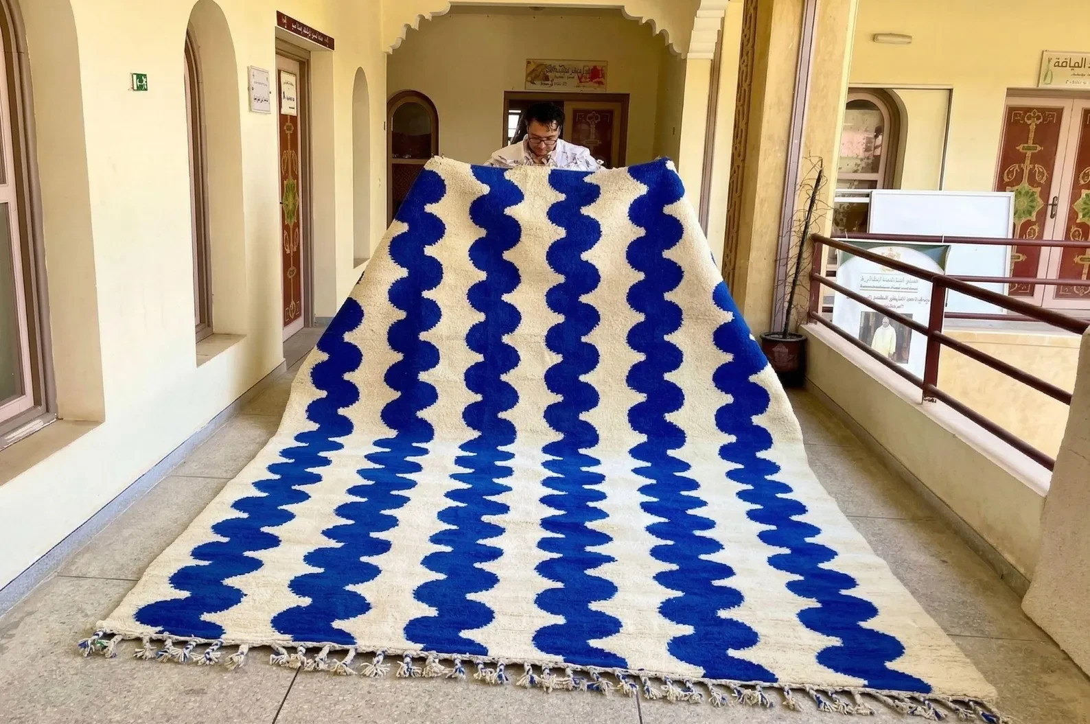 Moroccan Rug | Cobalt Blue & Ivory Wavy Beni ourain Rug | Handmade Striped Area