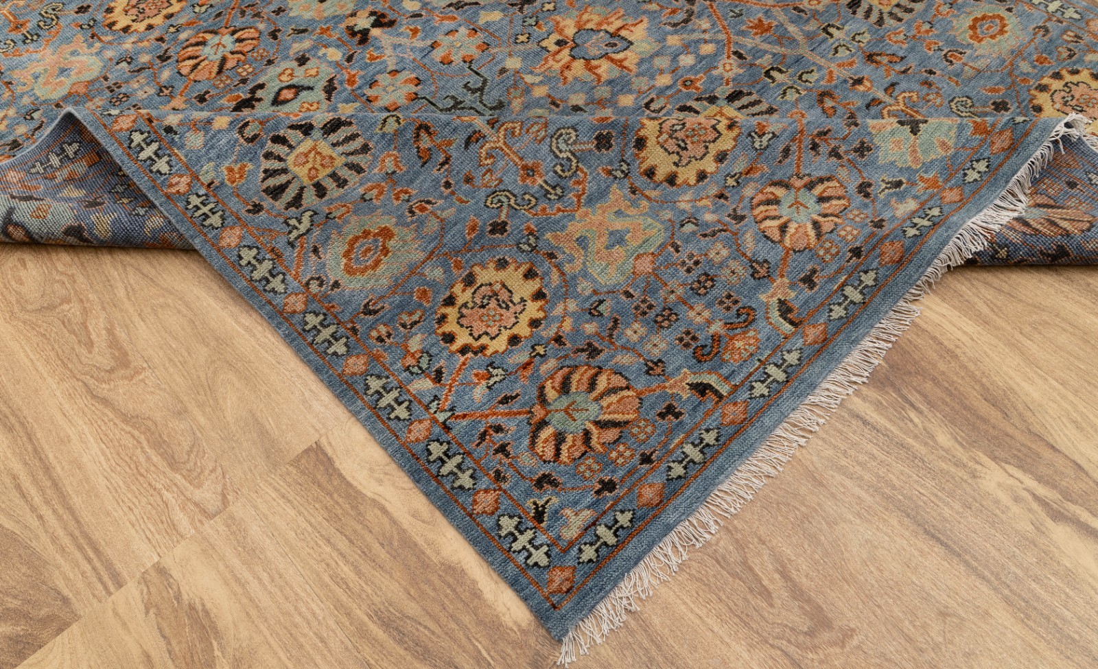 Blue Wool Hand Knotted Turkish Oushak Inspired High Quality Living Room Rug